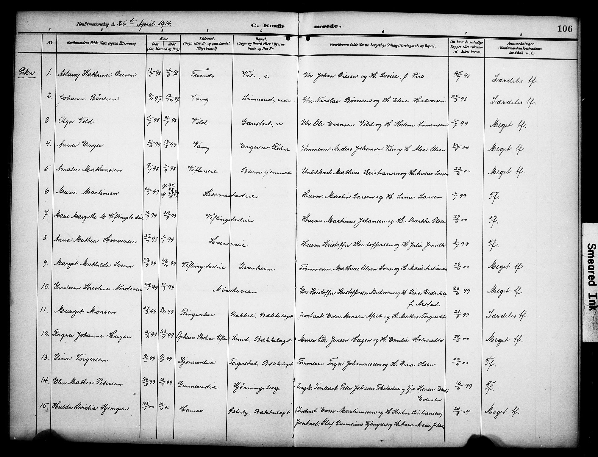 Stange prestekontor, AV/SAH-PREST-002/K/L0022: Parish register (official) no. 22, 1903-1914, p. 106