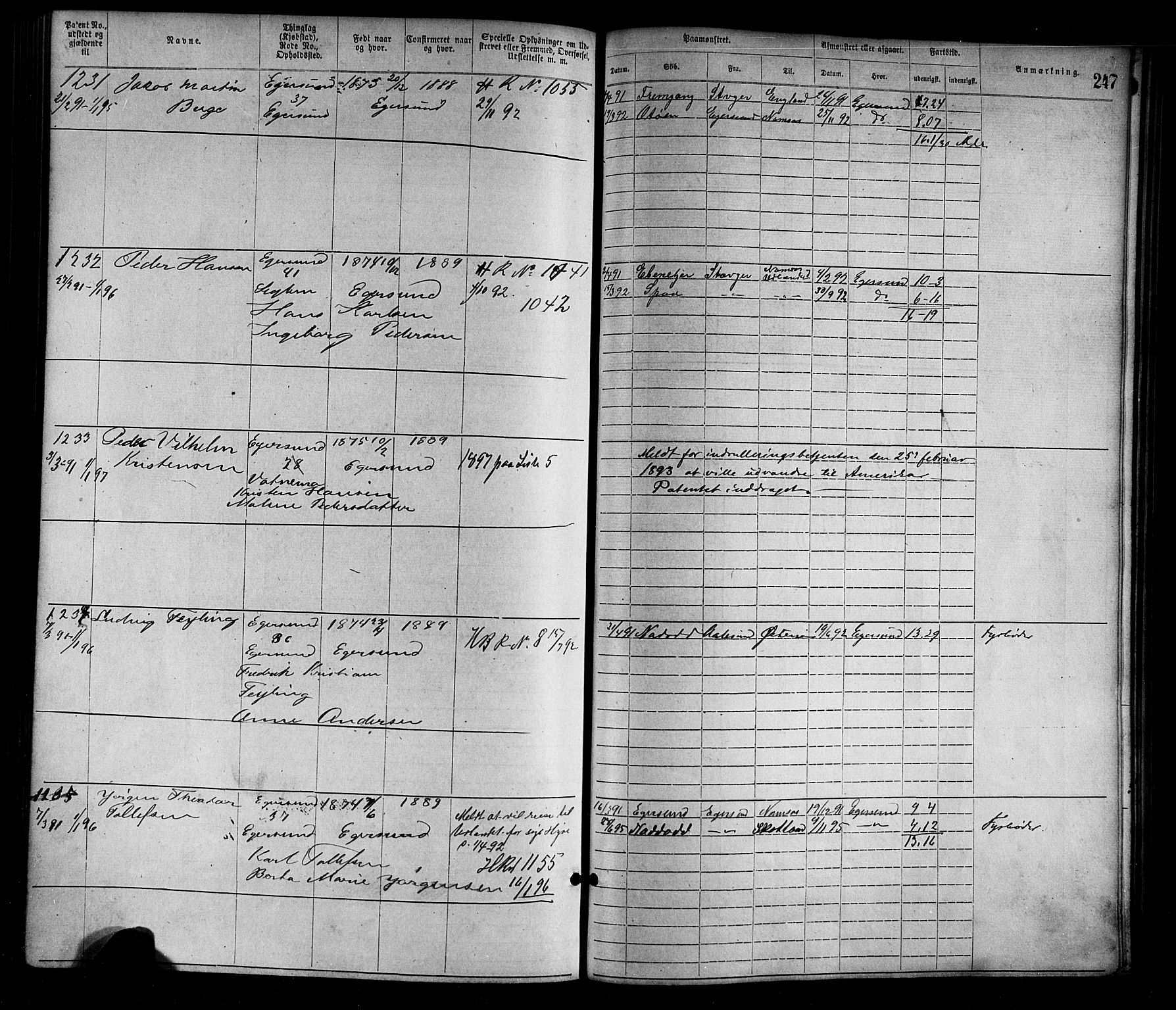 Egersund mønstringskrets, SAK/2031-0019/F/Fa/L0001: Annotasjonsrulle nr 1-1440 med register, O-1, 1869-1895, p. 272