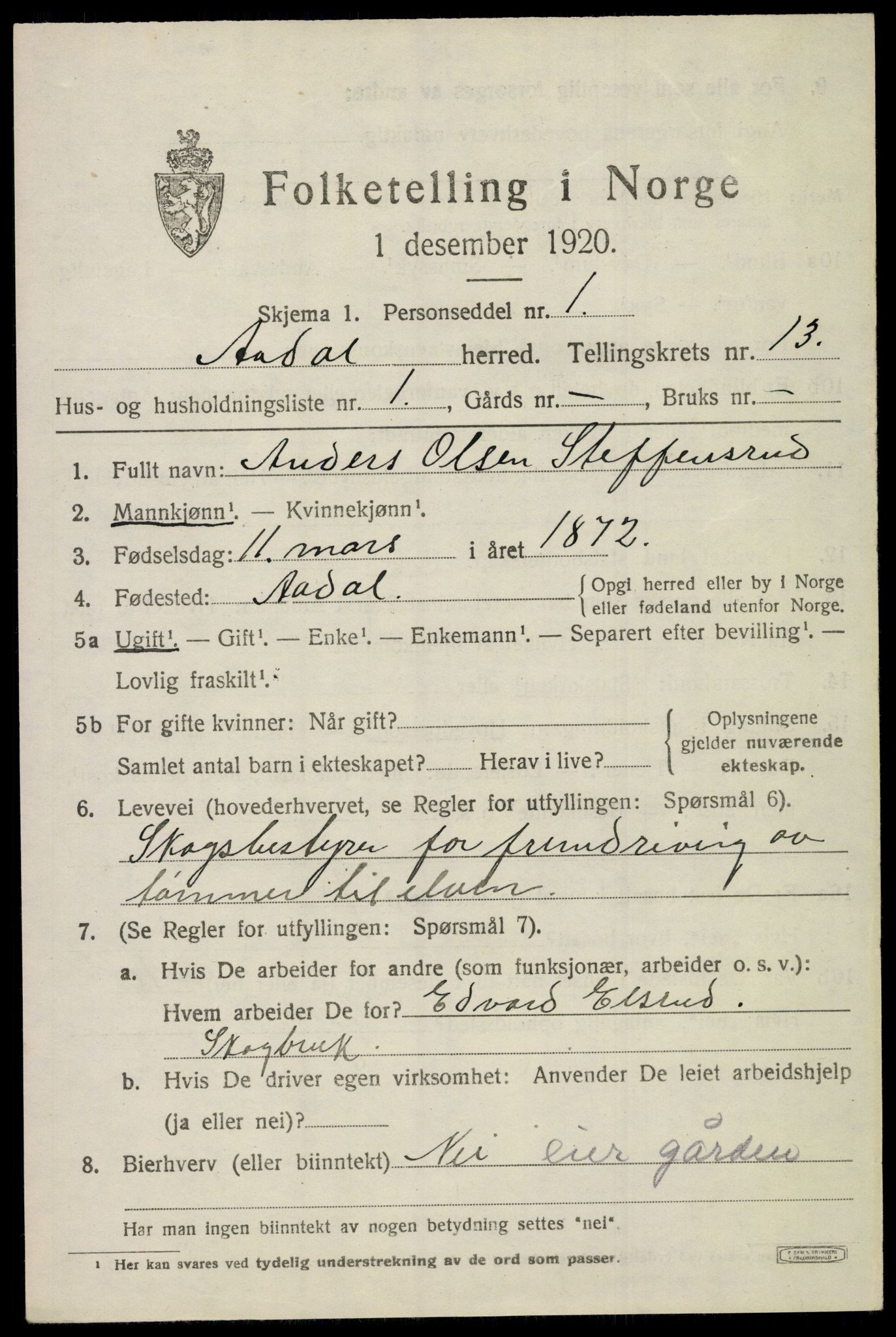 SAKO, 1920 census for Ådal, 1920, p. 7660