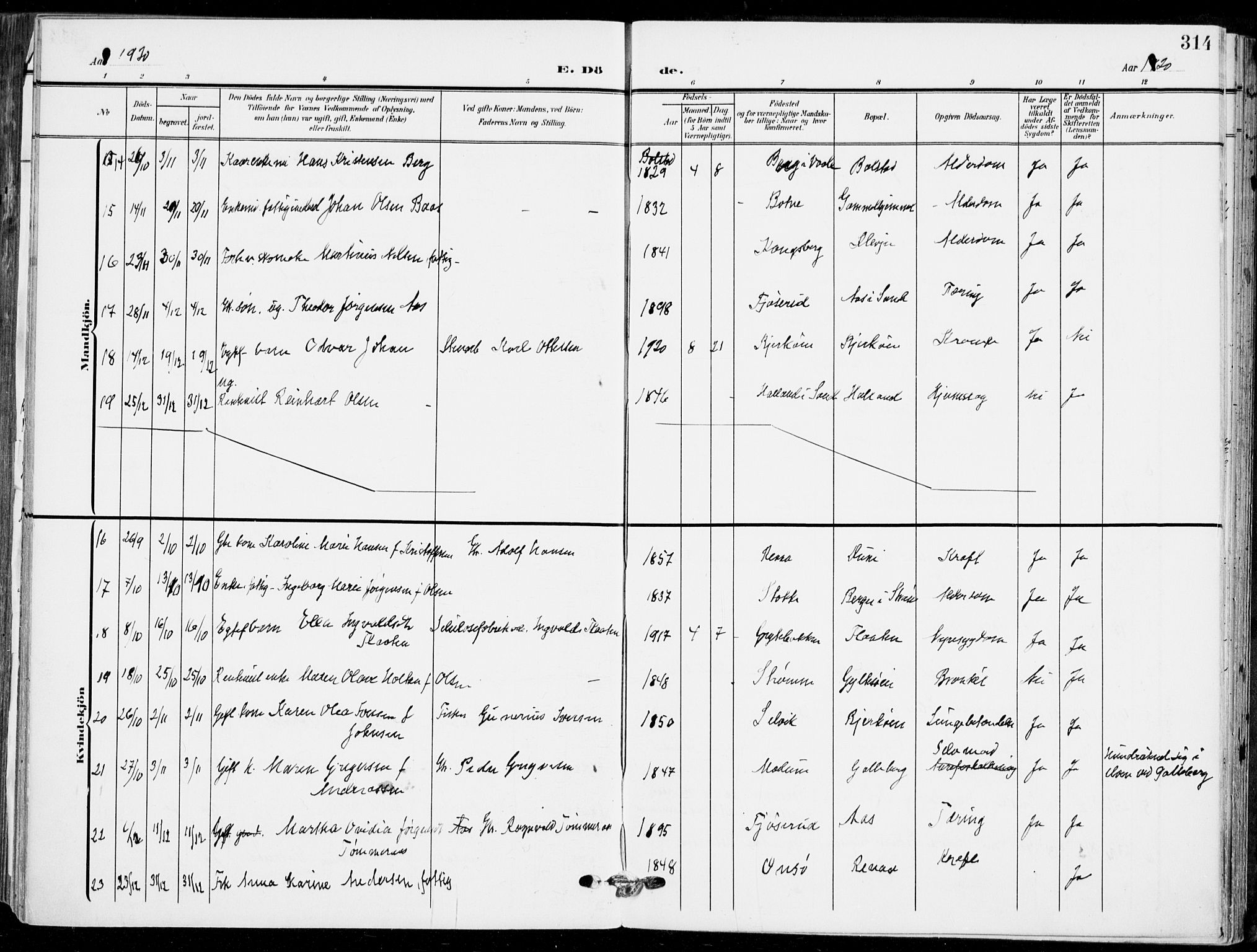 Sande Kirkebøker, AV/SAKO-A-53/F/Fa/L0008: Parish register (official) no. 8, 1904-1921, p. 314