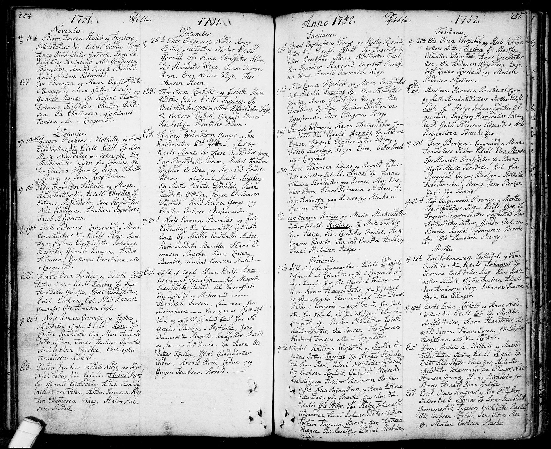 Bamble kirkebøker, SAKO/A-253/F/Fa/L0001: Parish register (official) no. I 1, 1702-1774, p. 254-255