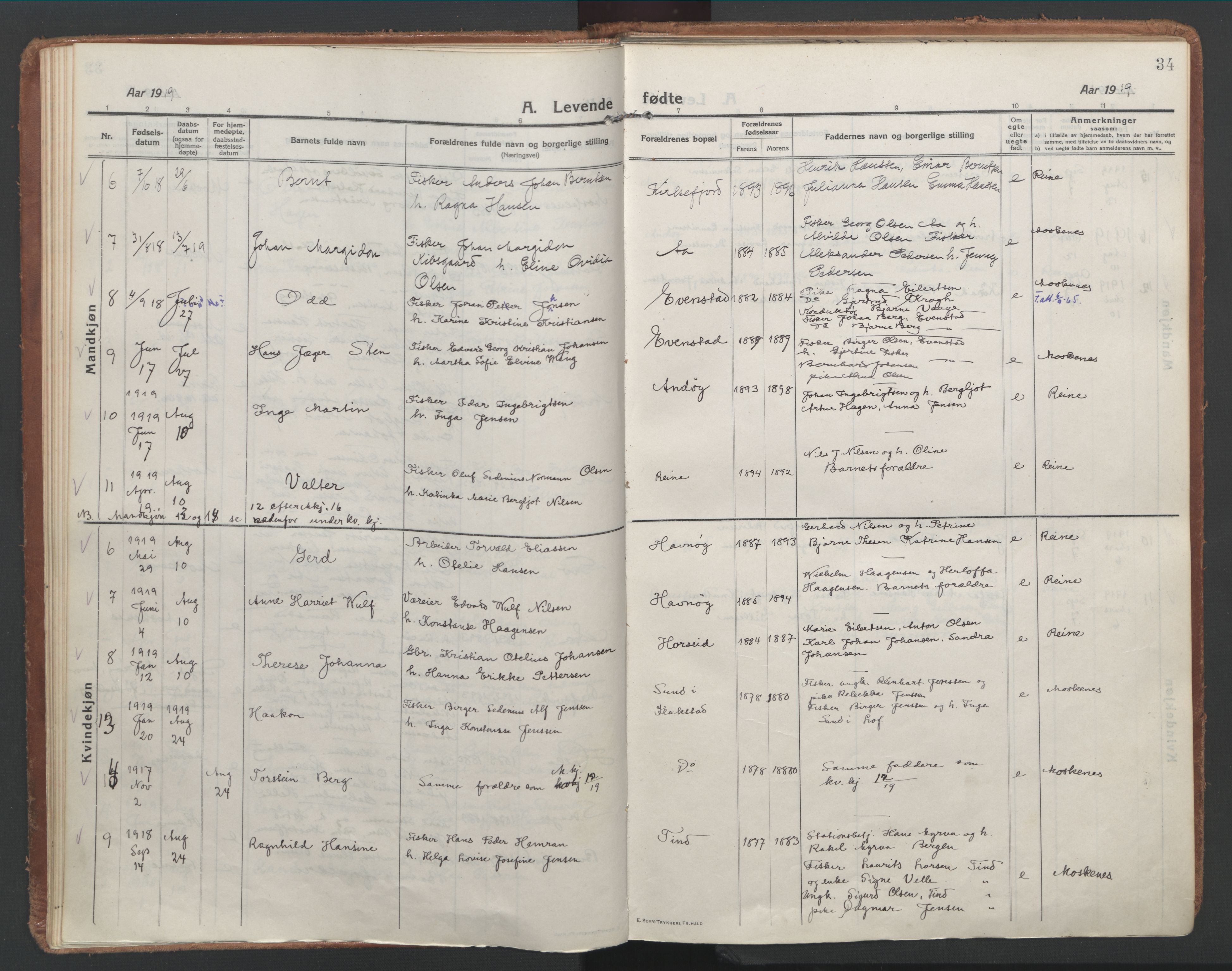 Ministerialprotokoller, klokkerbøker og fødselsregistre - Nordland, SAT/A-1459/886/L1222: Parish register (official) no. 886A04, 1914-1926, p. 34