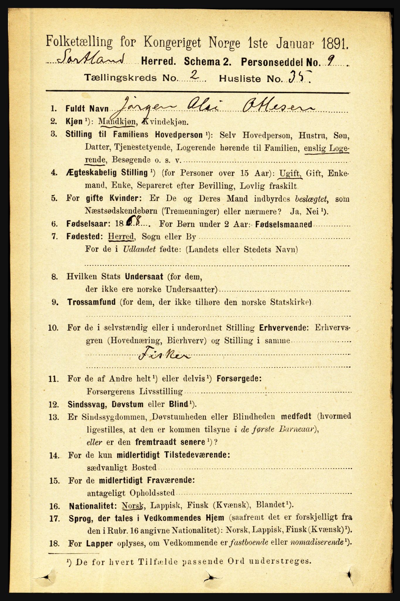 RA, 1891 census for 1870 Sortland, 1891, p. 1232