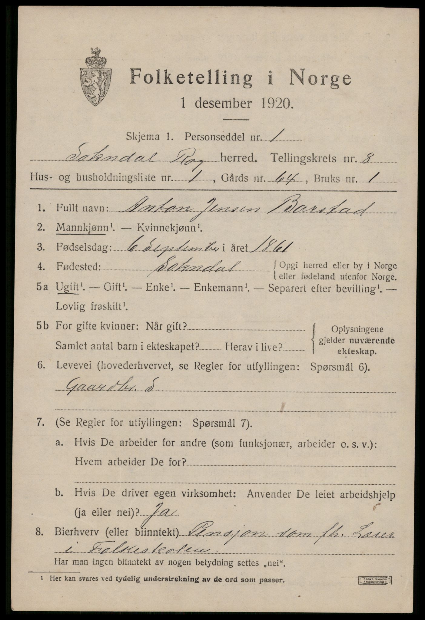 SAST, 1920 census for Sokndal, 1920, p. 4817