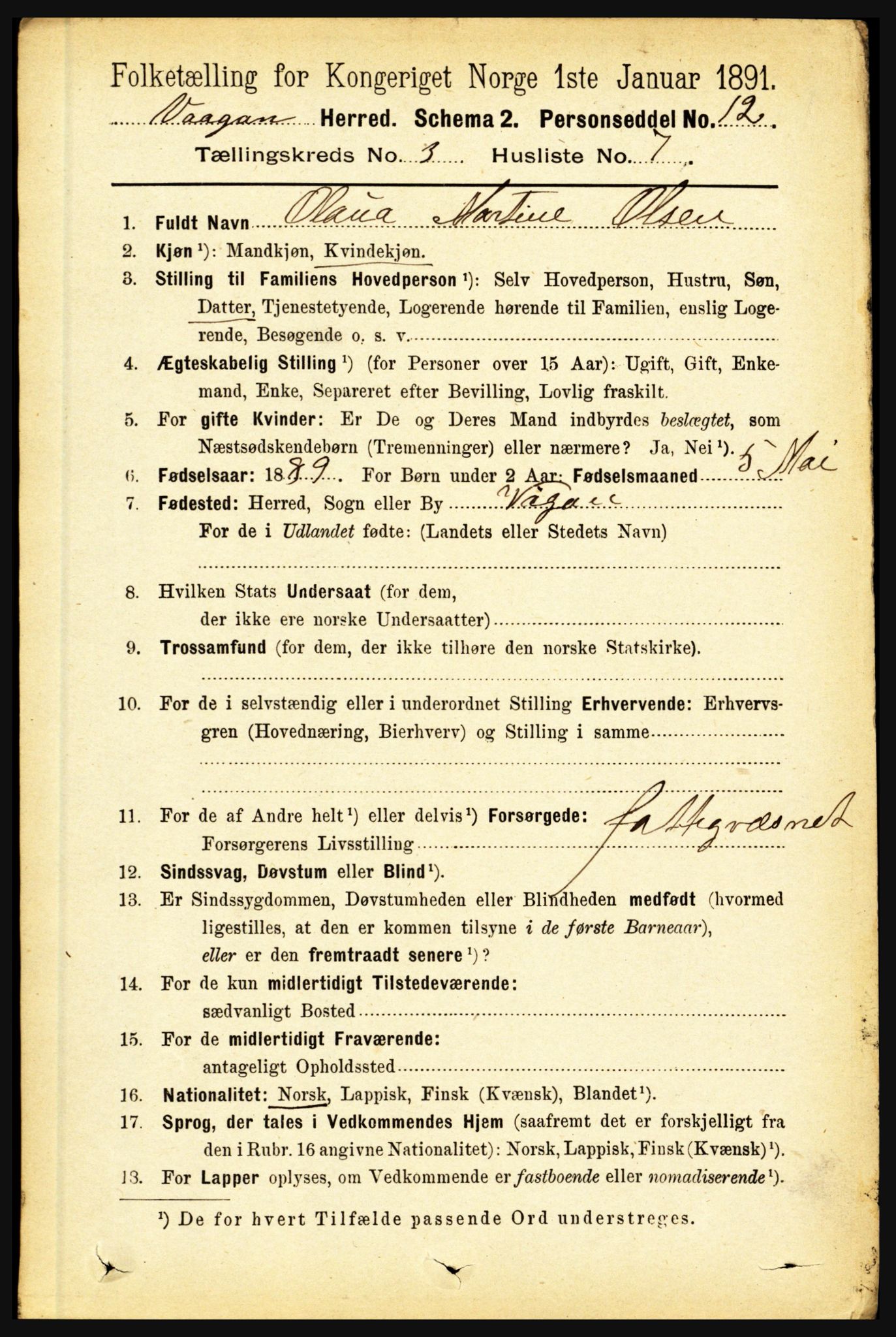 RA, 1891 census for 1865 Vågan, 1891, p. 739