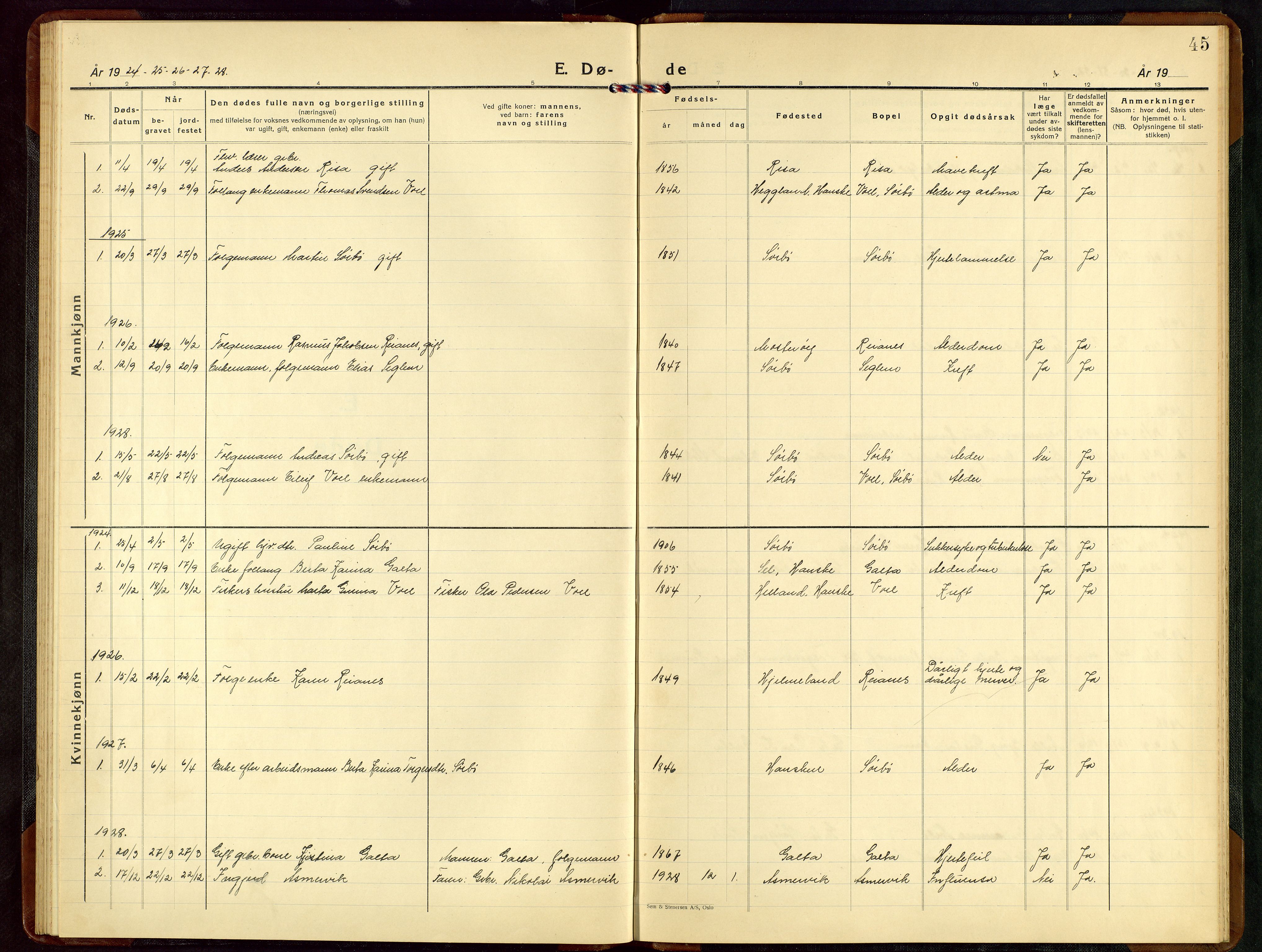 Rennesøy sokneprestkontor, AV/SAST-A -101827/H/Ha/Hab/L0015: Parish register (copy) no. B 14, 1924-1957, p. 45