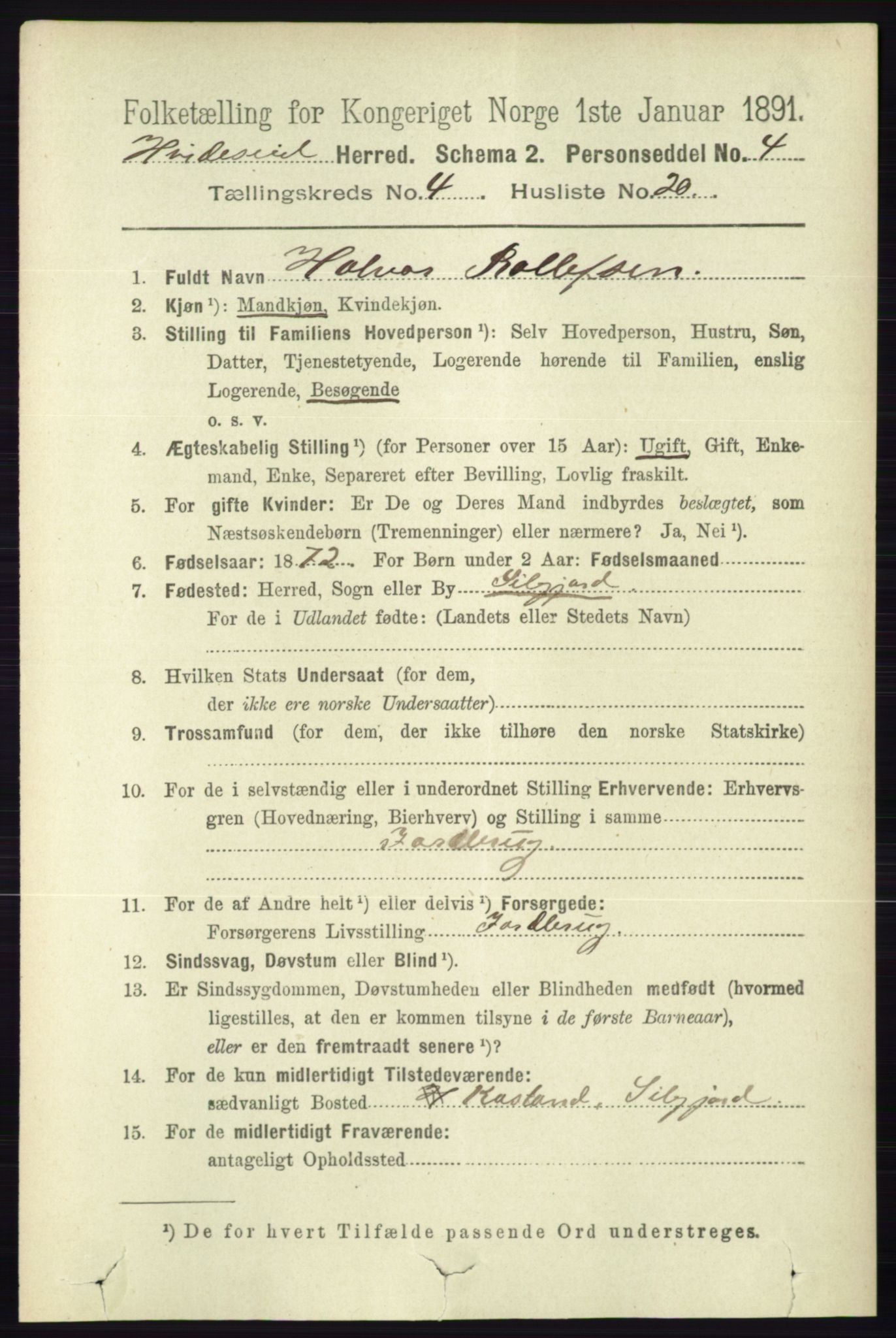 RA, 1891 census for 0829 Kviteseid, 1891, p. 857