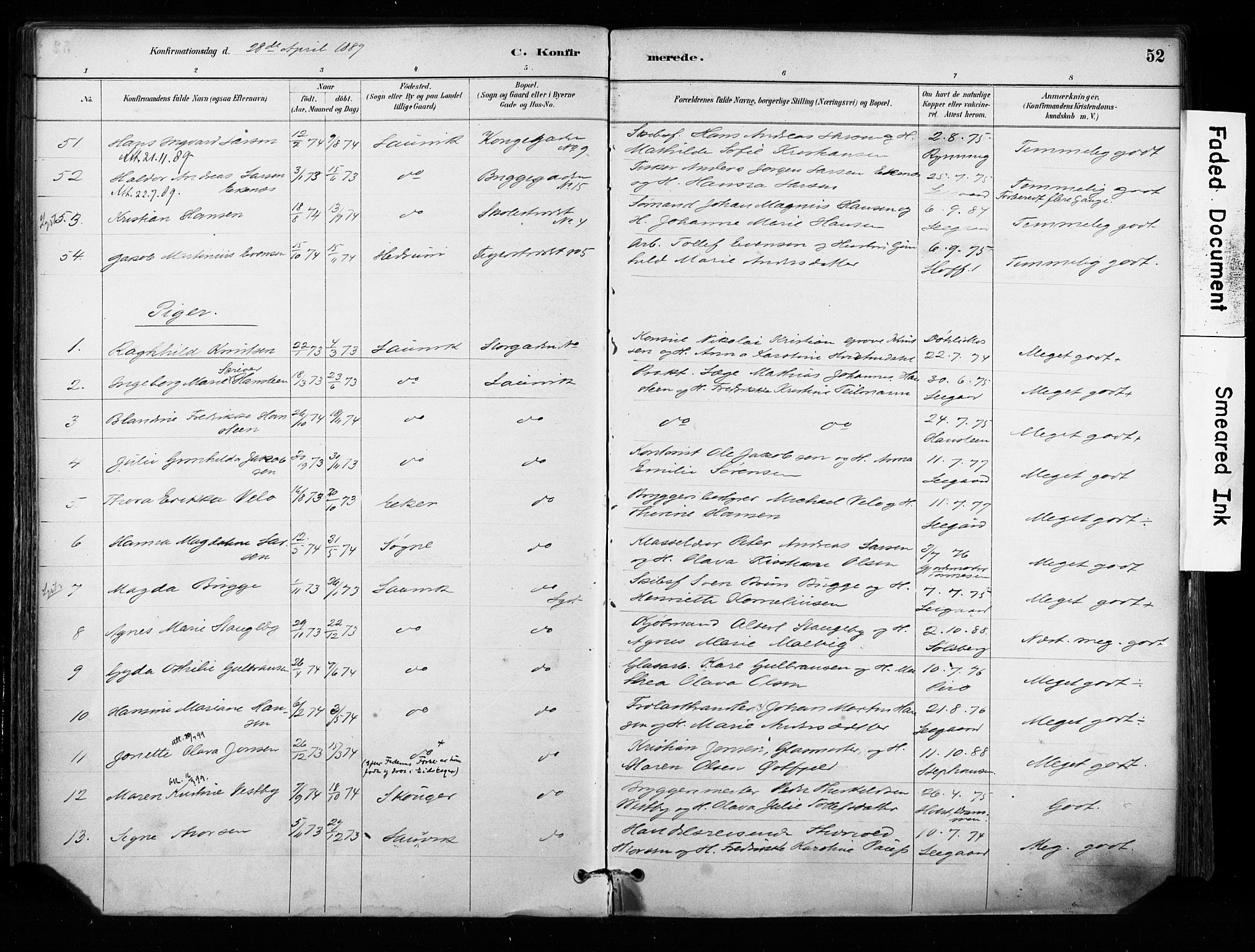 Larvik kirkebøker, AV/SAKO-A-352/F/Fa/L0008: Parish register (official) no. I 8, 1884-1902, p. 52
