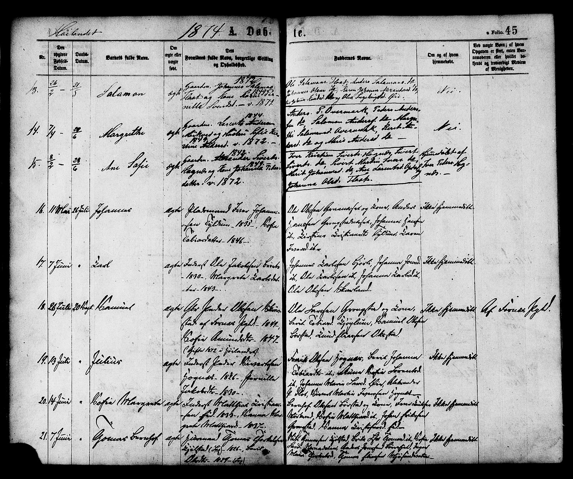 Ministerialprotokoller, klokkerbøker og fødselsregistre - Nord-Trøndelag, SAT/A-1458/758/L0516: Parish register (official) no. 758A03 /2, 1869-1879, p. 45