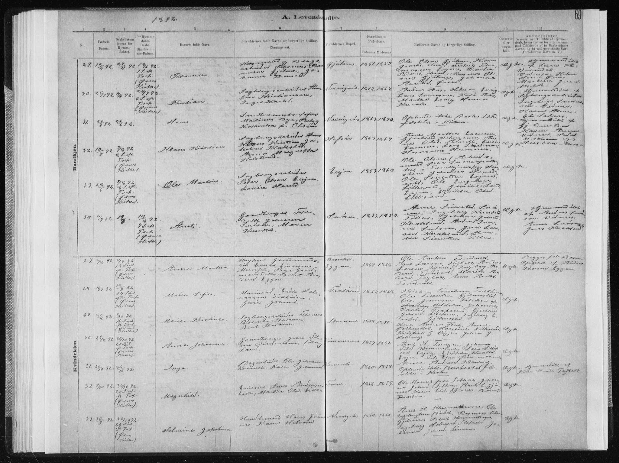 Ministerialprotokoller, klokkerbøker og fødselsregistre - Sør-Trøndelag, AV/SAT-A-1456/668/L0818: Parish register (copy) no. 668C07, 1885-1898, p. 69