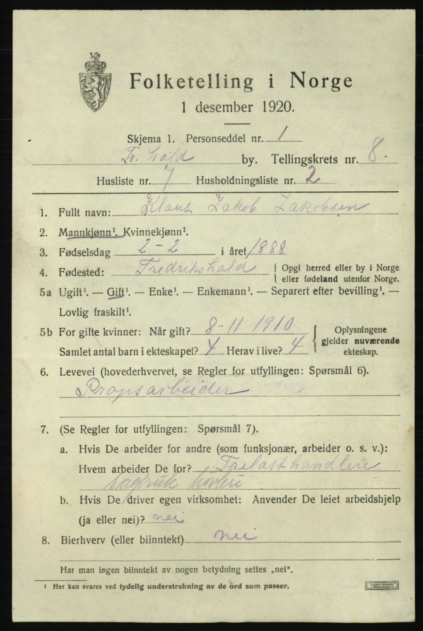 SAO, 1920 census for Fredrikshald, 1920, p. 14743