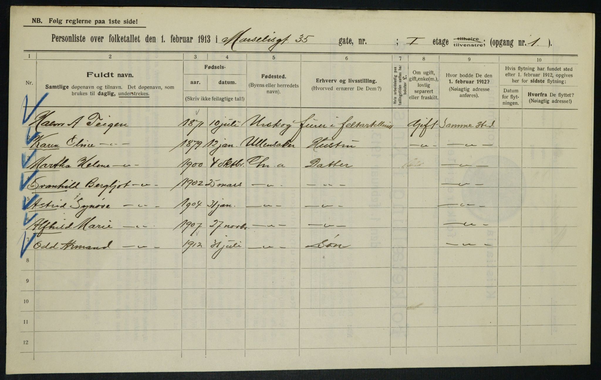 OBA, Municipal Census 1913 for Kristiania, 1913, p. 64498