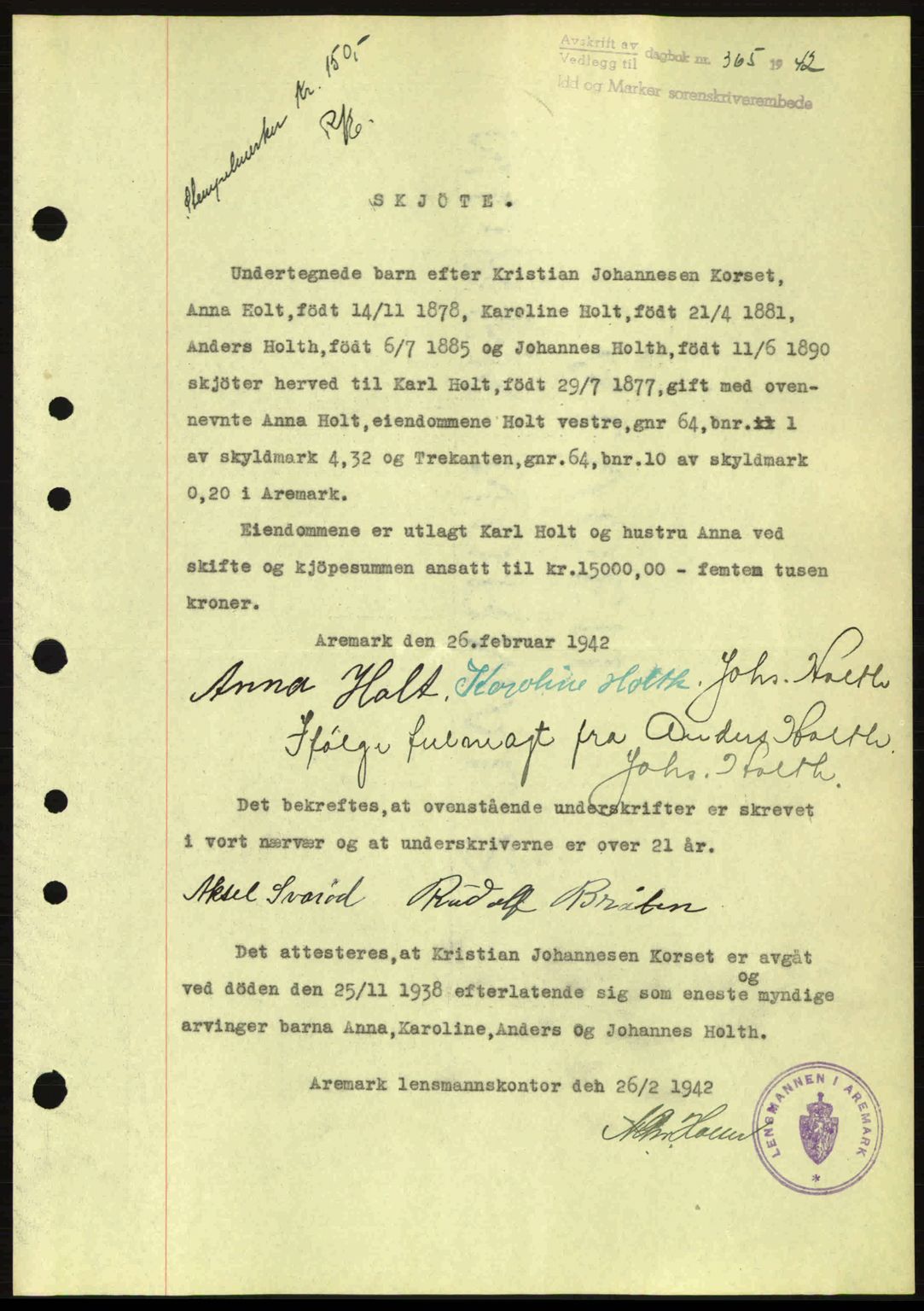 Idd og Marker sorenskriveri, AV/SAO-A-10283/G/Gb/Gbb/L0005: Mortgage book no. A5, 1941-1943, Diary no: : 365/1942