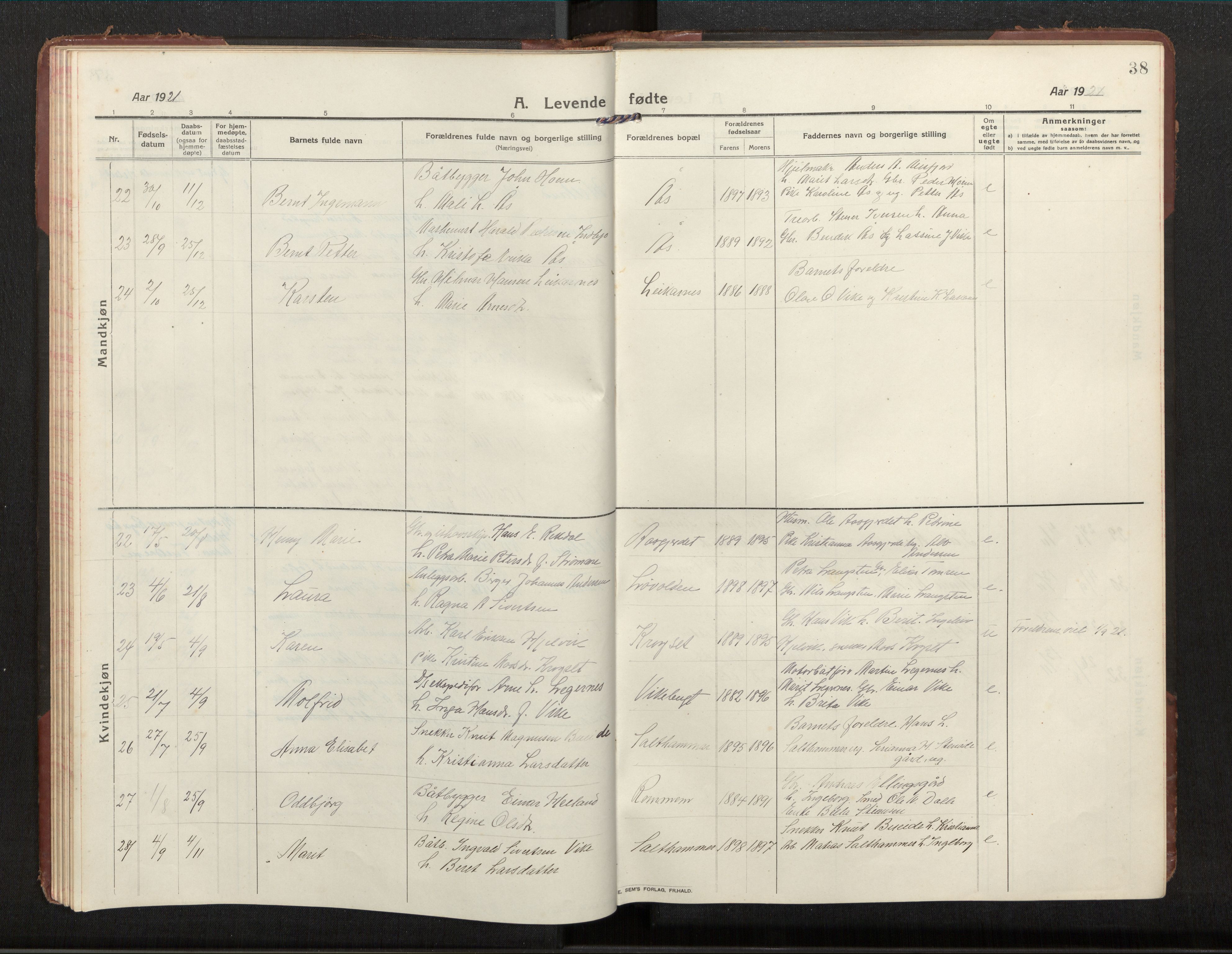 Ministerialprotokoller, klokkerbøker og fødselsregistre - Møre og Romsdal, SAT/A-1454/539/L0536a: Parish register (copy) no. 539C03, 1912-1936, p. 38