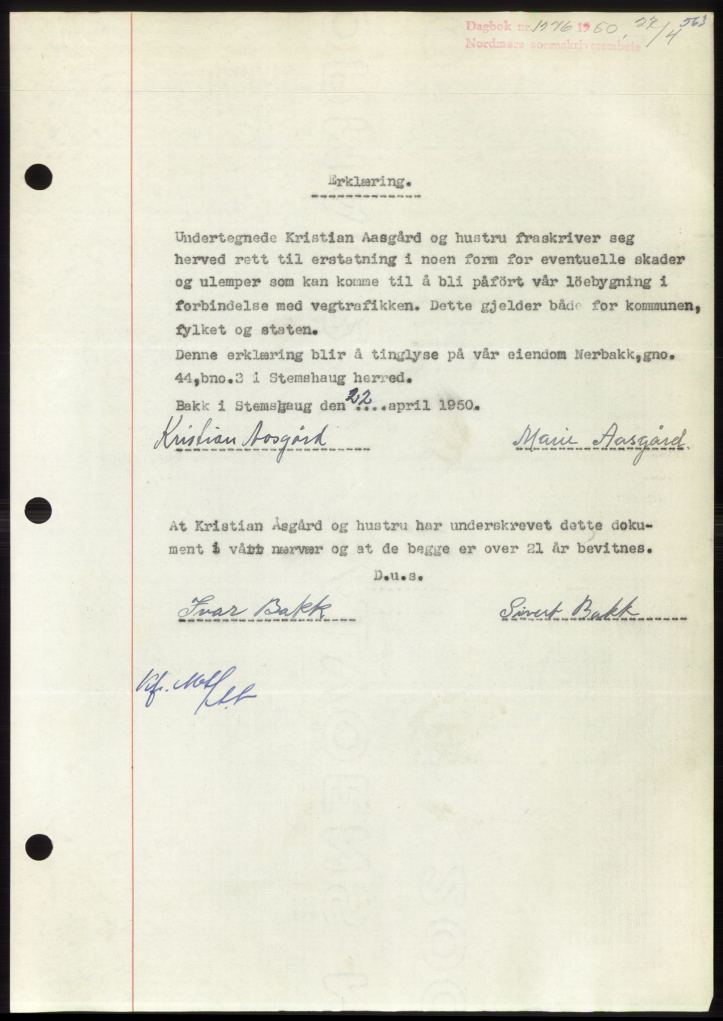 Nordmøre sorenskriveri, AV/SAT-A-4132/1/2/2Ca: Mortgage book no. B104, 1950-1950, Diary no: : 1276/1950