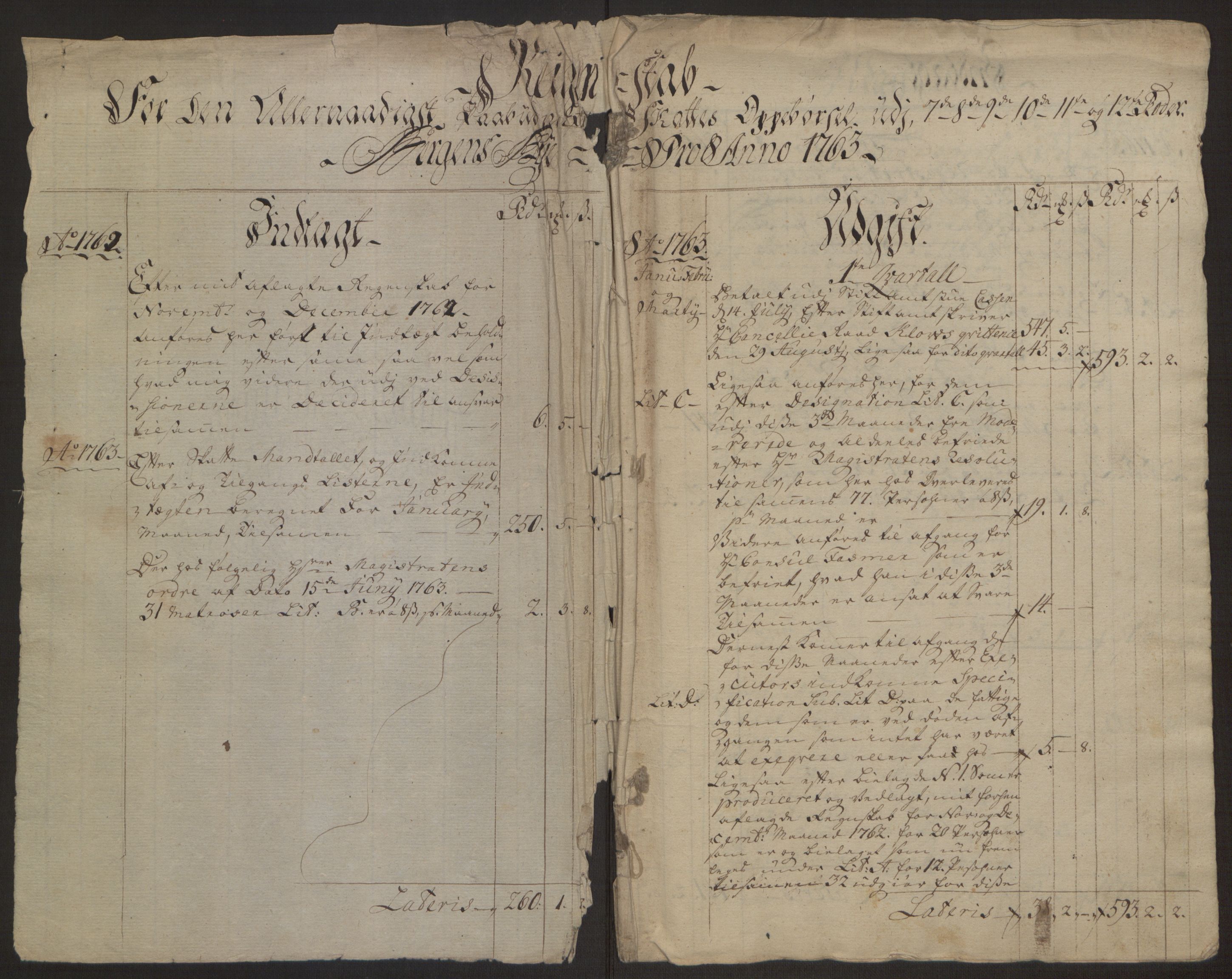 Rentekammeret inntil 1814, Reviderte regnskaper, Byregnskaper, RA/EA-4066/R/Rp/L0366/0001: [P20] Kontribusjonsregnskap / Ekstraskatt, 1763, p. 270