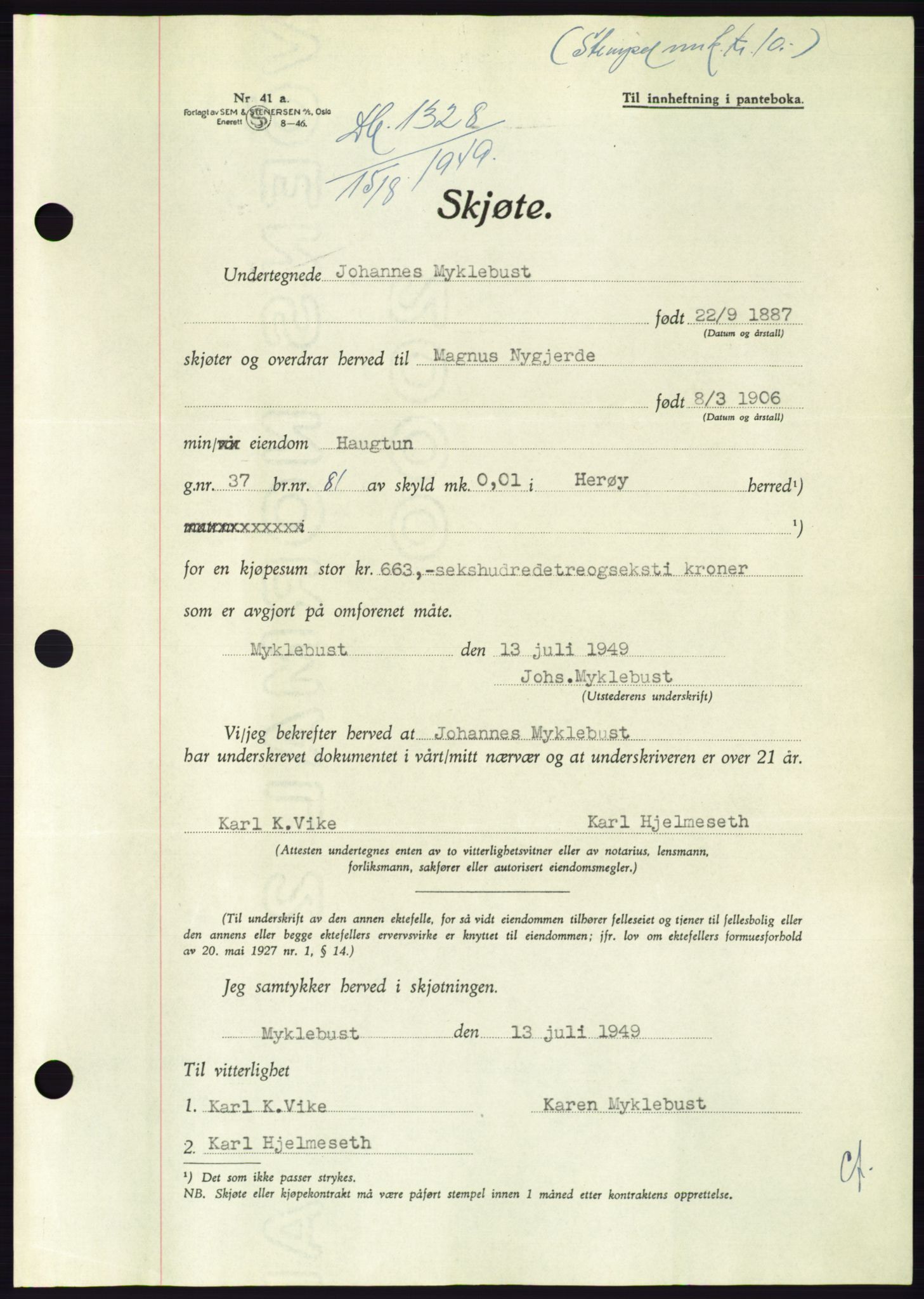 Søre Sunnmøre sorenskriveri, AV/SAT-A-4122/1/2/2C/L0085: Mortgage book no. 11A, 1949-1949, Diary no: : 1328/1949