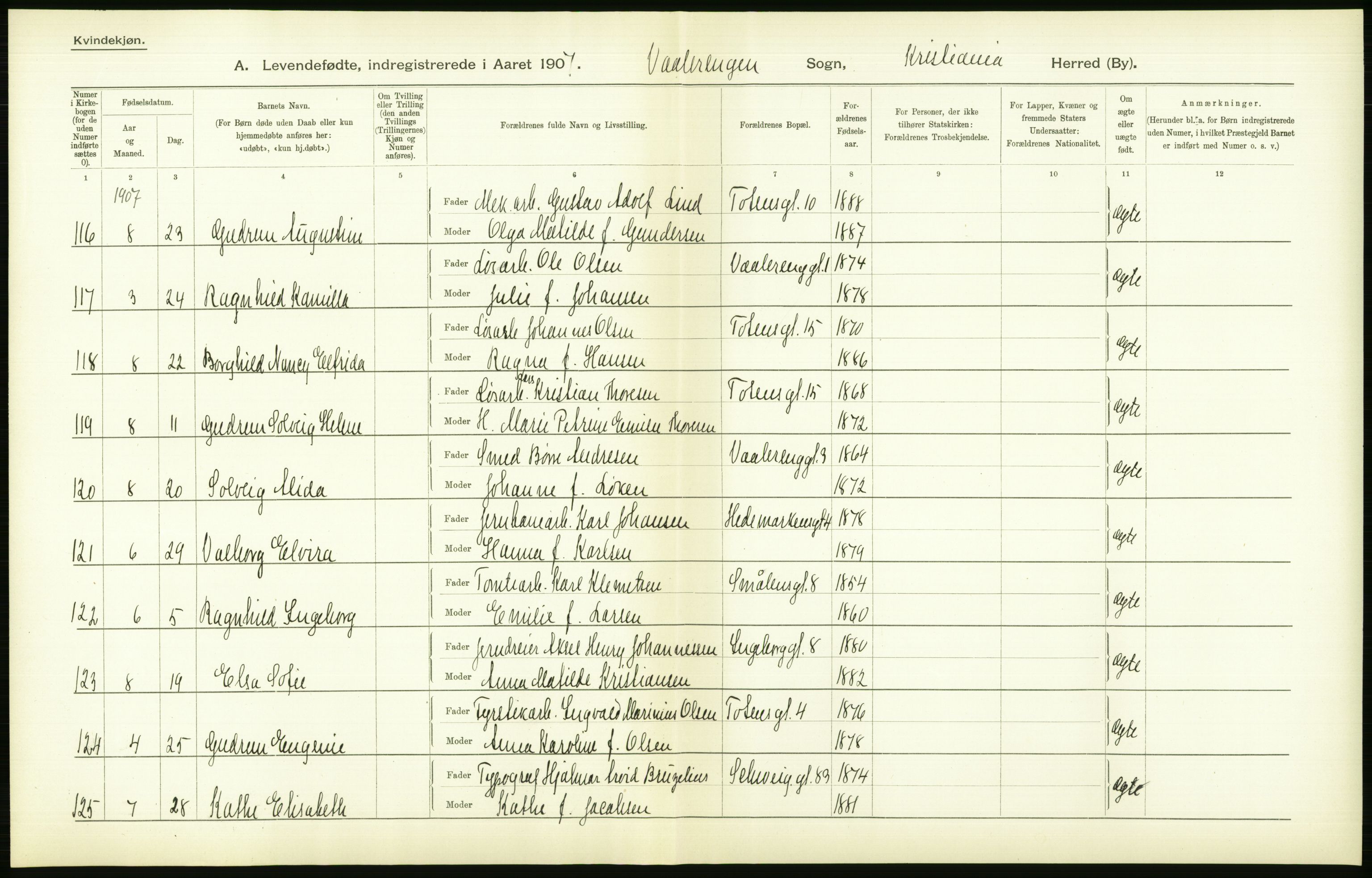 Statistisk sentralbyrå, Sosiodemografiske emner, Befolkning, AV/RA-S-2228/D/Df/Dfa/Dfae/L0007: Kristiania: Levendefødte menn og kvinner., 1907, p. 552