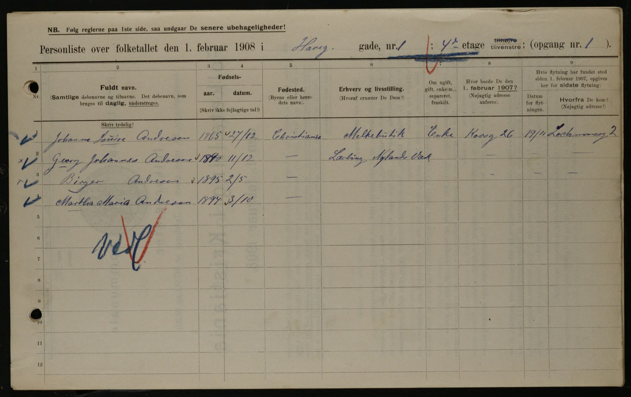 OBA, Municipal Census 1908 for Kristiania, 1908, p. 30113