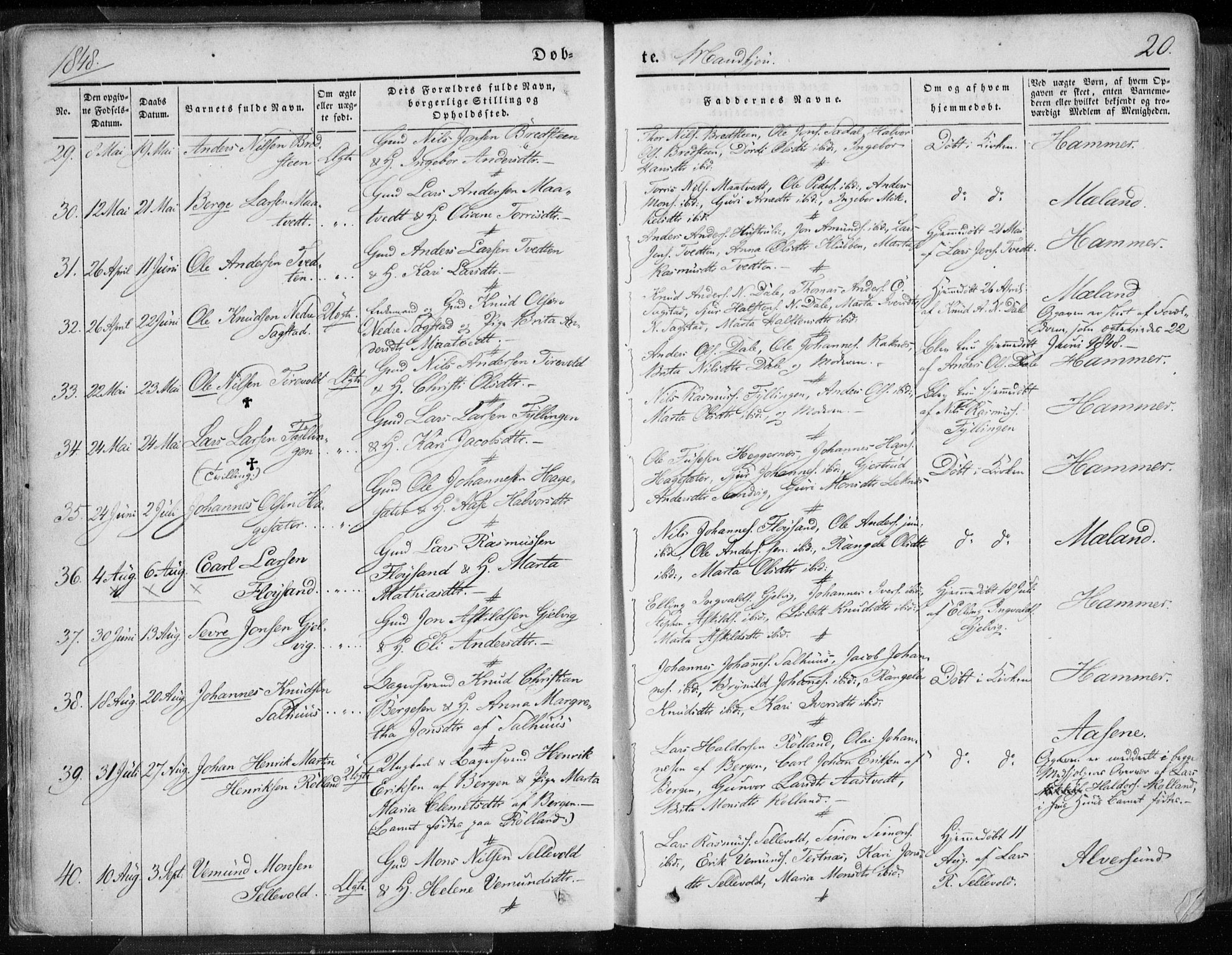 Hamre sokneprestembete, AV/SAB-A-75501/H/Ha/Haa/Haaa/L0013: Parish register (official) no. A 13, 1846-1857, p. 20