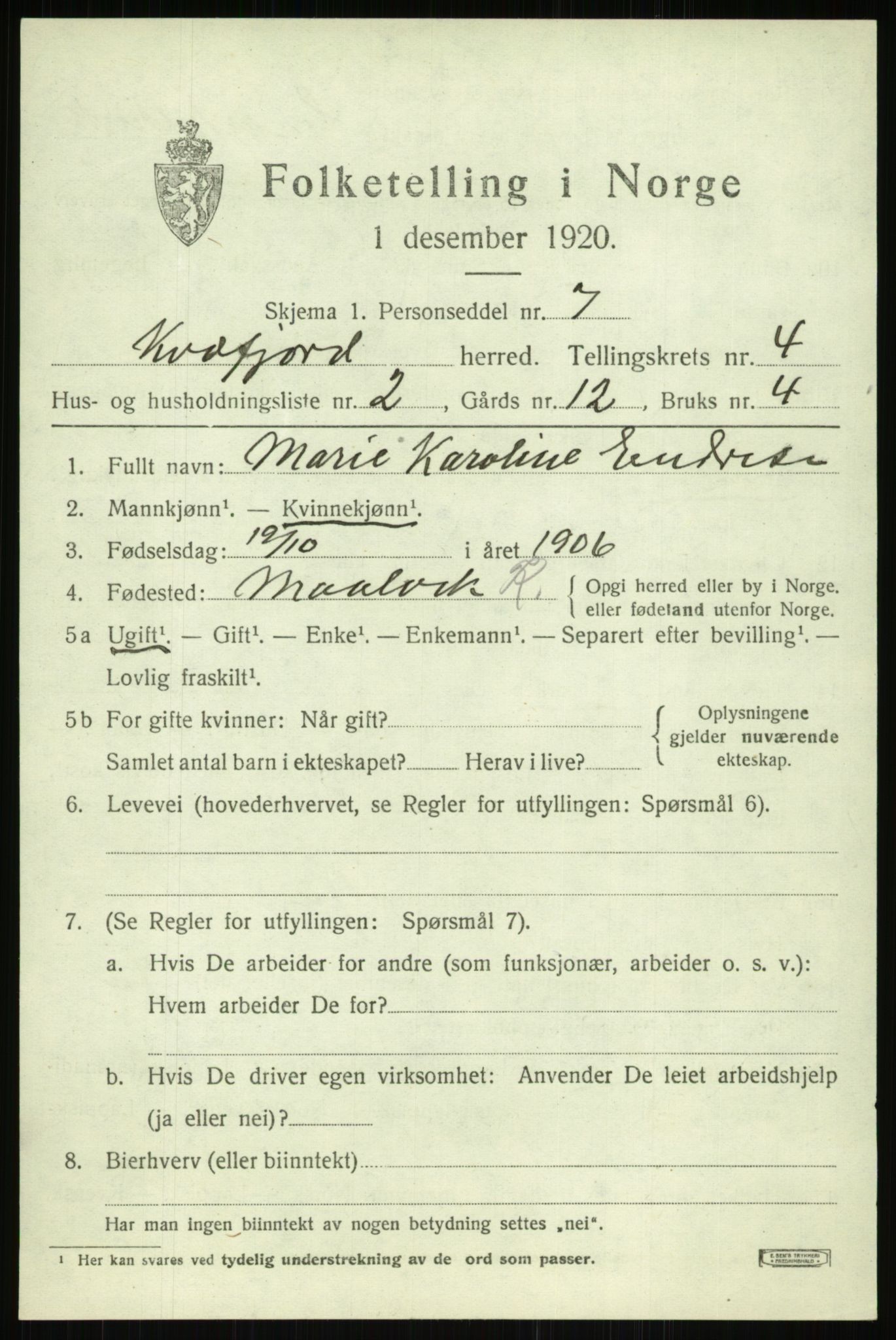 SATØ, 1920 census for Kvæfjord, 1920, p. 2155