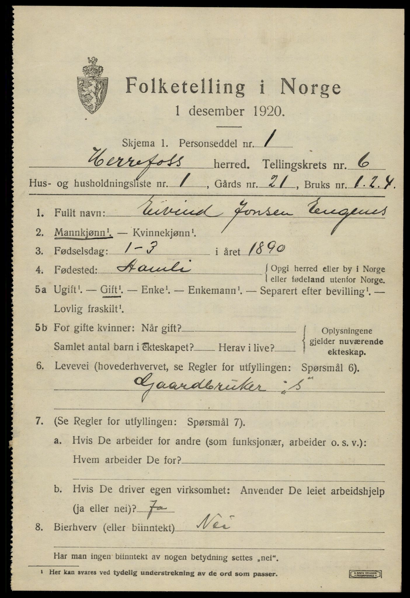 SAK, 1920 census for Herefoss, 1920, p. 1108