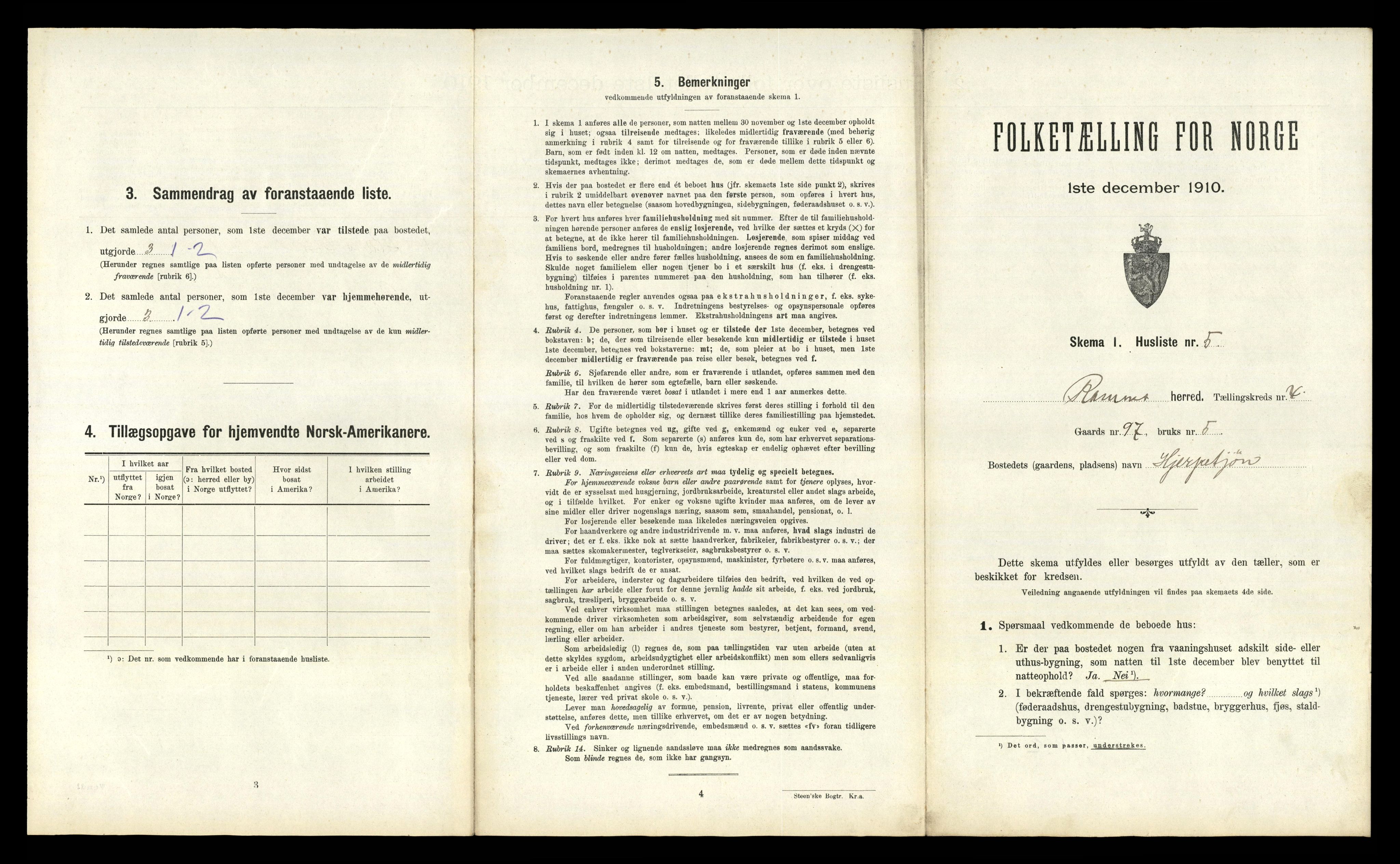 RA, 1910 census for Ramnes, 1910, p. 592