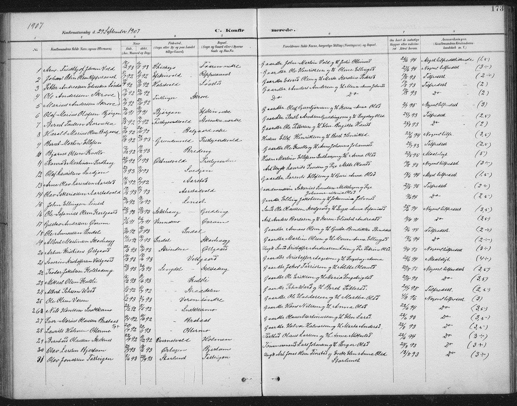 Ministerialprotokoller, klokkerbøker og fødselsregistre - Nord-Trøndelag, SAT/A-1458/724/L0269: Parish register (copy) no. 724C05, 1899-1920, p. 173