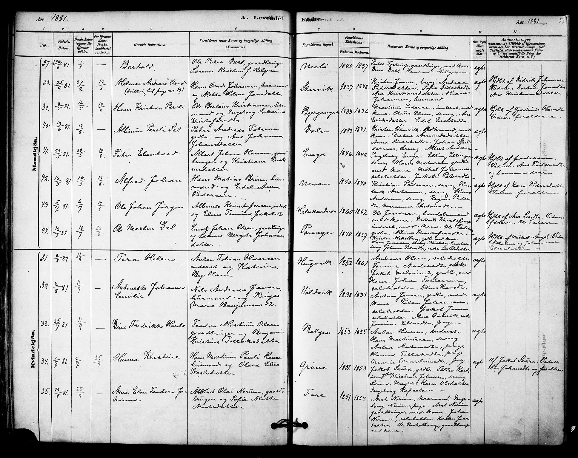 Ministerialprotokoller, klokkerbøker og fødselsregistre - Nordland, SAT/A-1459/843/L0626: Parish register (official) no. 843A01, 1878-1907, p. 37
