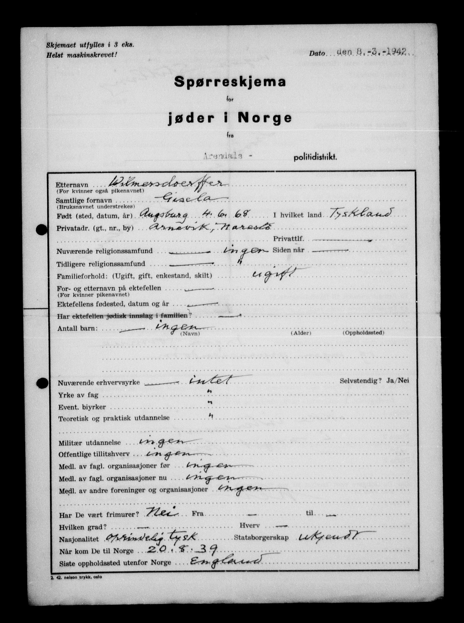 Statspolitiet - Hovedkontoret / Osloavdelingen, AV/RA-S-1329/G/Ga/L0012: Spørreskjema for jøder i Norge. 1: Aker 114- 207 (Levinson-Wozak) og 656 (Salomon). 2: Arendal-Hordaland. 3: Horten-Romerike.  , 1942, p. 297