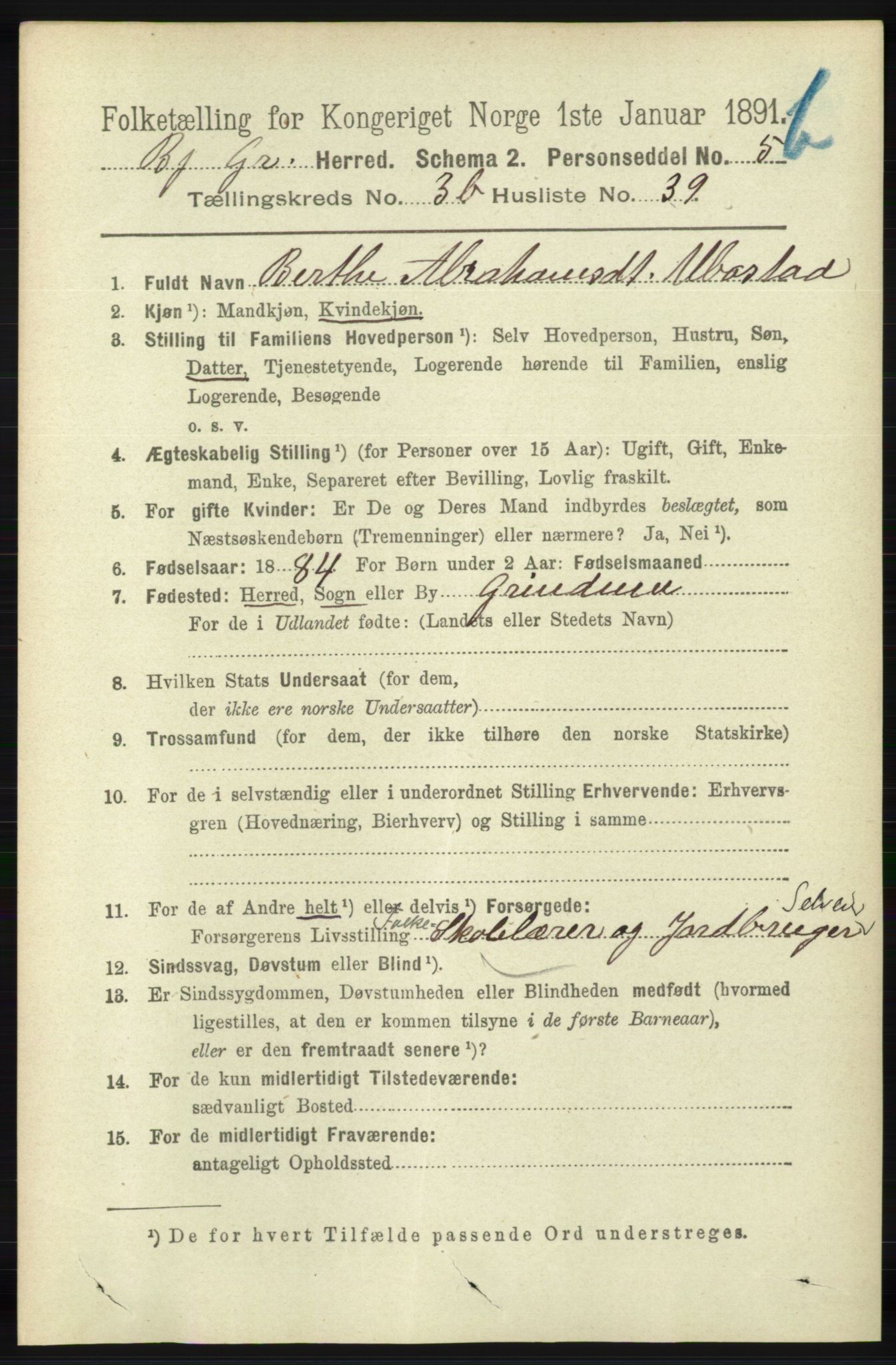 RA, 1891 census for 1024 Bjelland og Grindheim, 1891, p. 2020