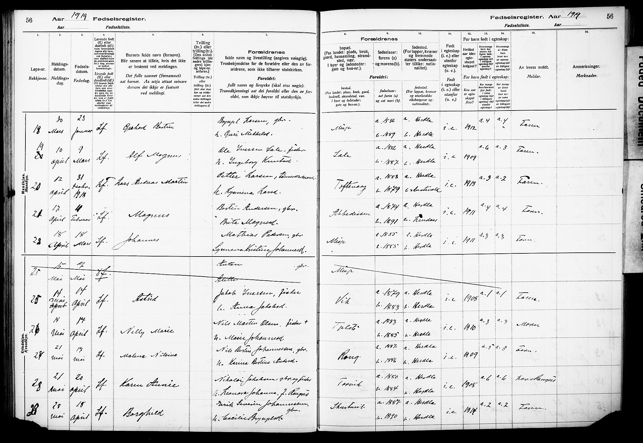 Herdla Sokneprestembete, AV/SAB-A-75701/I/Id/L00A1: Birth register no. A 1, 1916-1929, p. 56