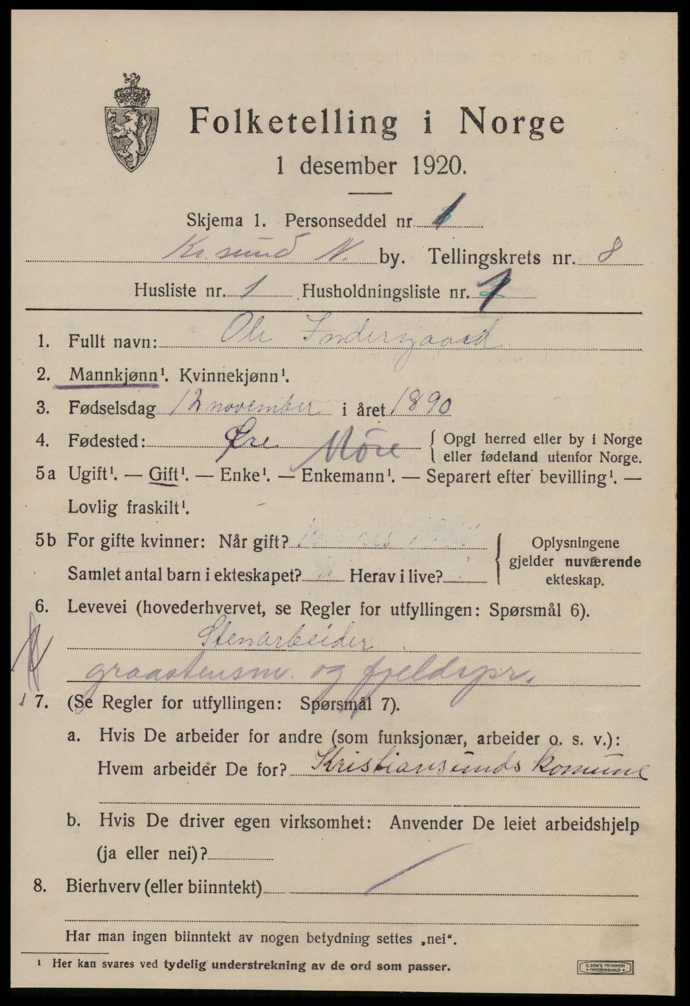 SAT, 1920 census for Kristiansund, 1920, p. 19833