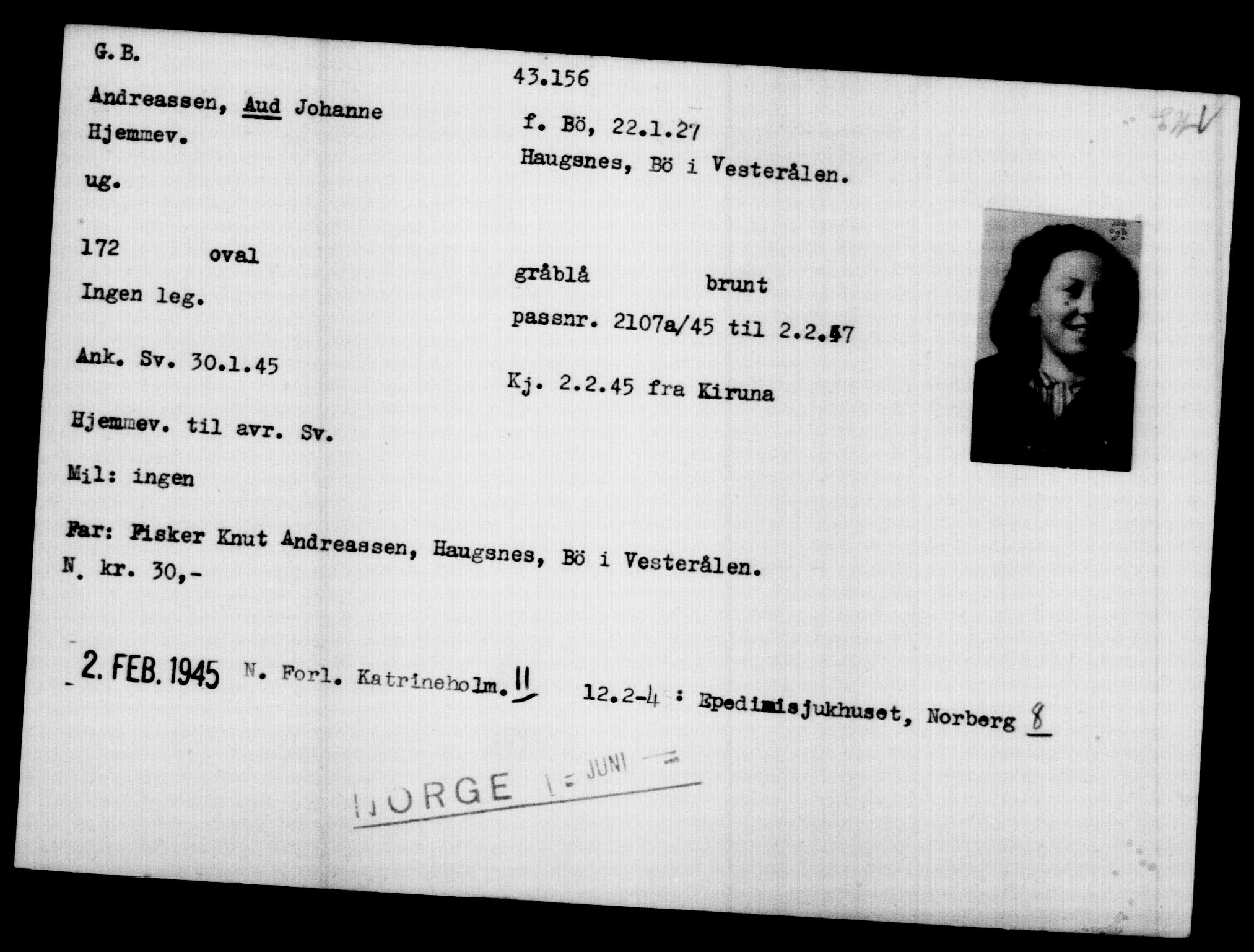 Utenriksstasjonene, Legasjonen i Stockholm, Flyktningkontoret, AV/RA-S-6753/V/Va/L0016: Kjesäterkartoteket, flyktninger med registreringsnr. 40700-43479, 1940-1945, p. 2537