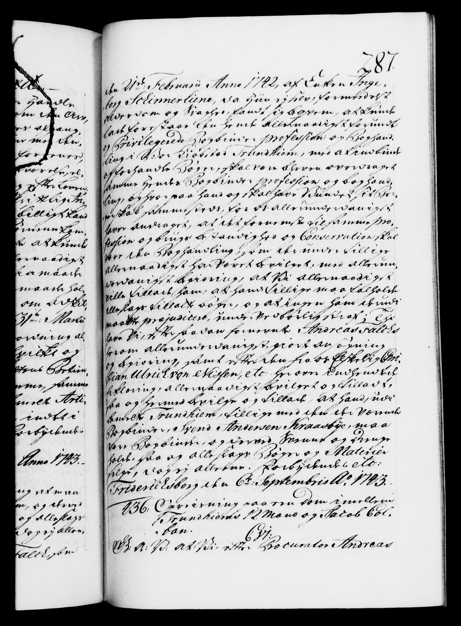 Danske Kanselli 1572-1799, AV/RA-EA-3023/F/Fc/Fca/Fcaa/L0033: Norske registre, 1743-1744, p. 287a