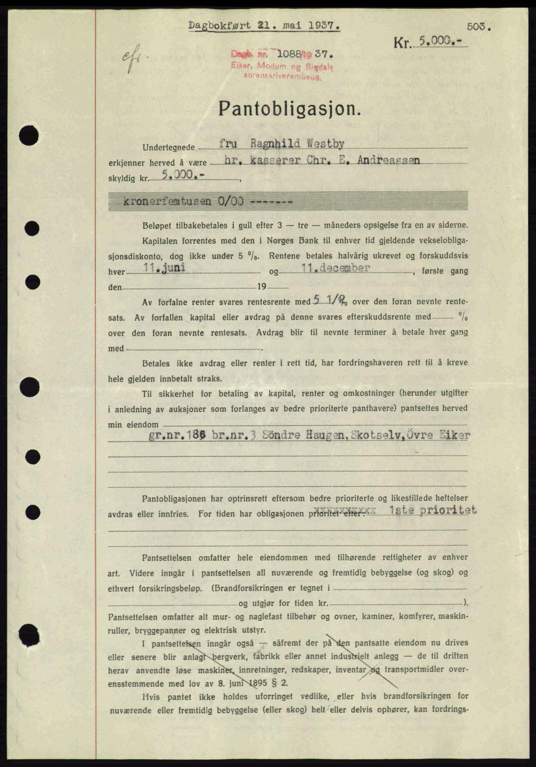 Eiker, Modum og Sigdal sorenskriveri, SAKO/A-123/G/Ga/Gab/L0035: Mortgage book no. A5, 1937-1937, Diary no: : 1088/1937