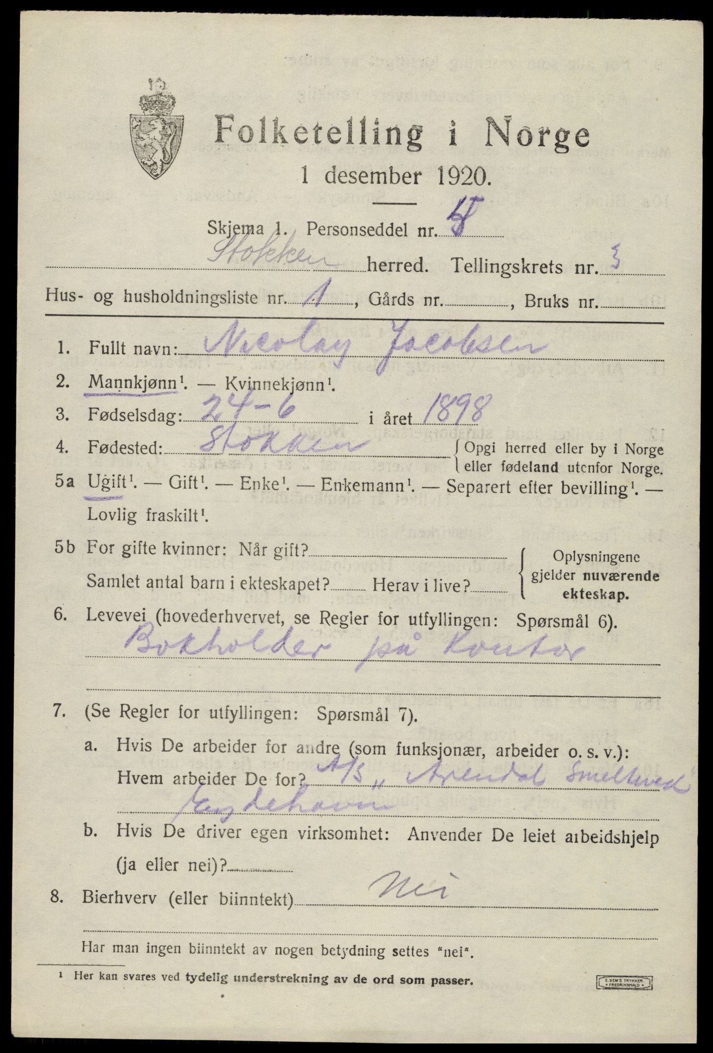 SAK, 1920 census for Stokken, 1920, p. 1972