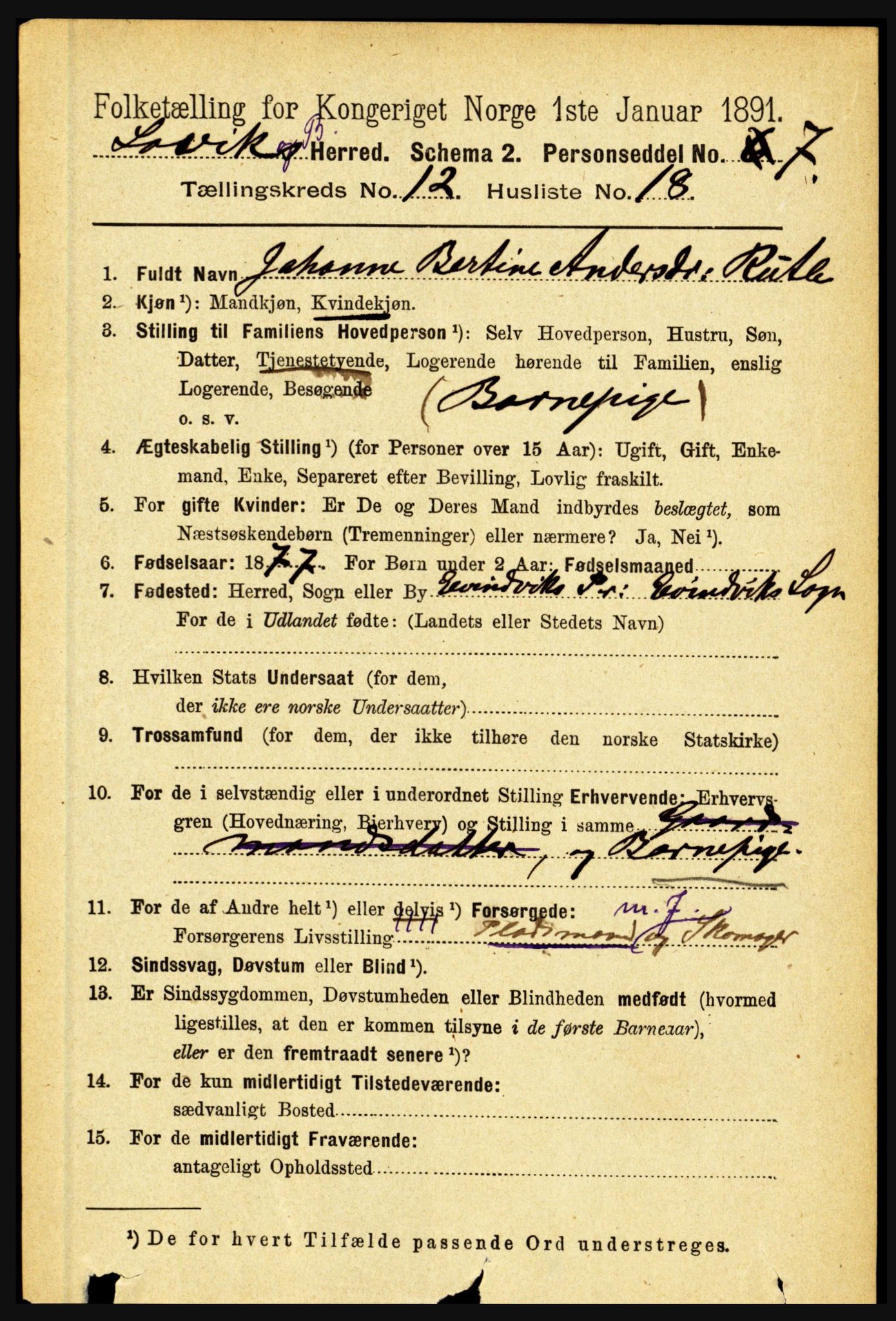 RA, 1891 census for 1415 Lavik og Brekke, 1891, p. 2488