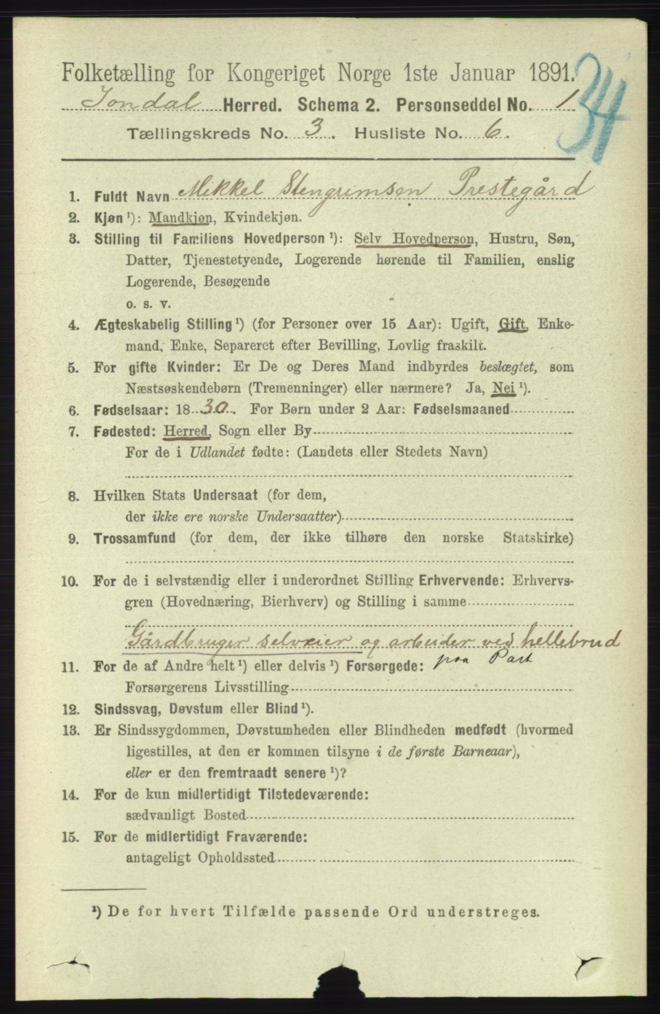 RA, 1891 census for 1227 Jondal, 1891, p. 1334