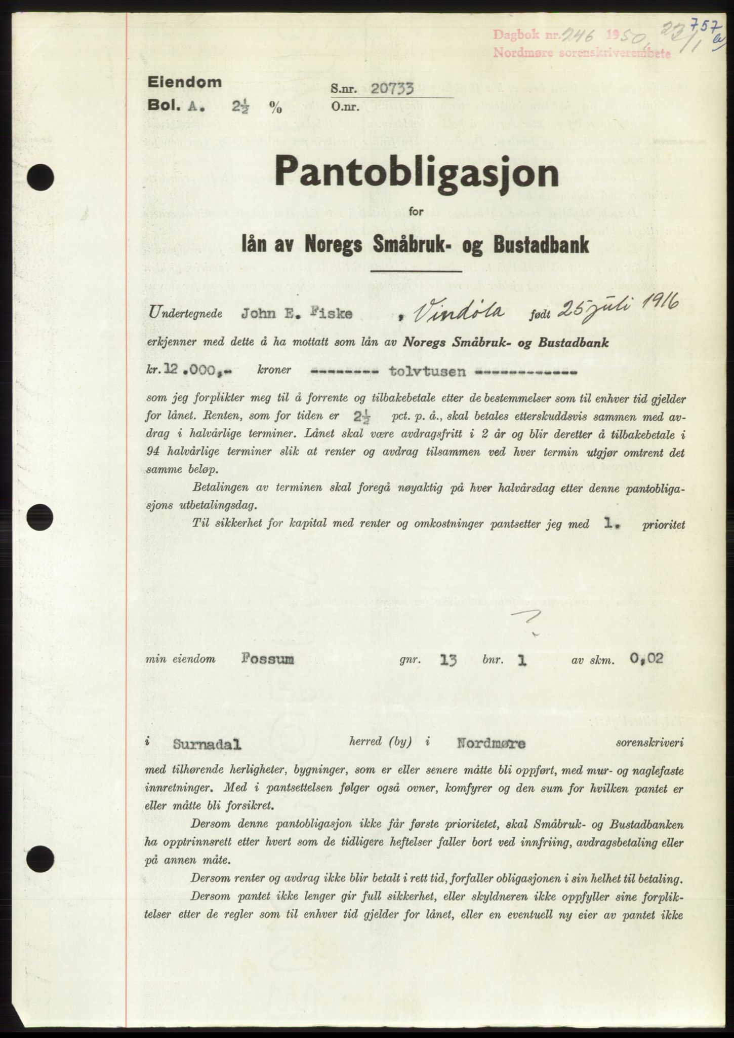 Nordmøre sorenskriveri, AV/SAT-A-4132/1/2/2Ca: Mortgage book no. B103, 1949-1950, Diary no: : 246/1950