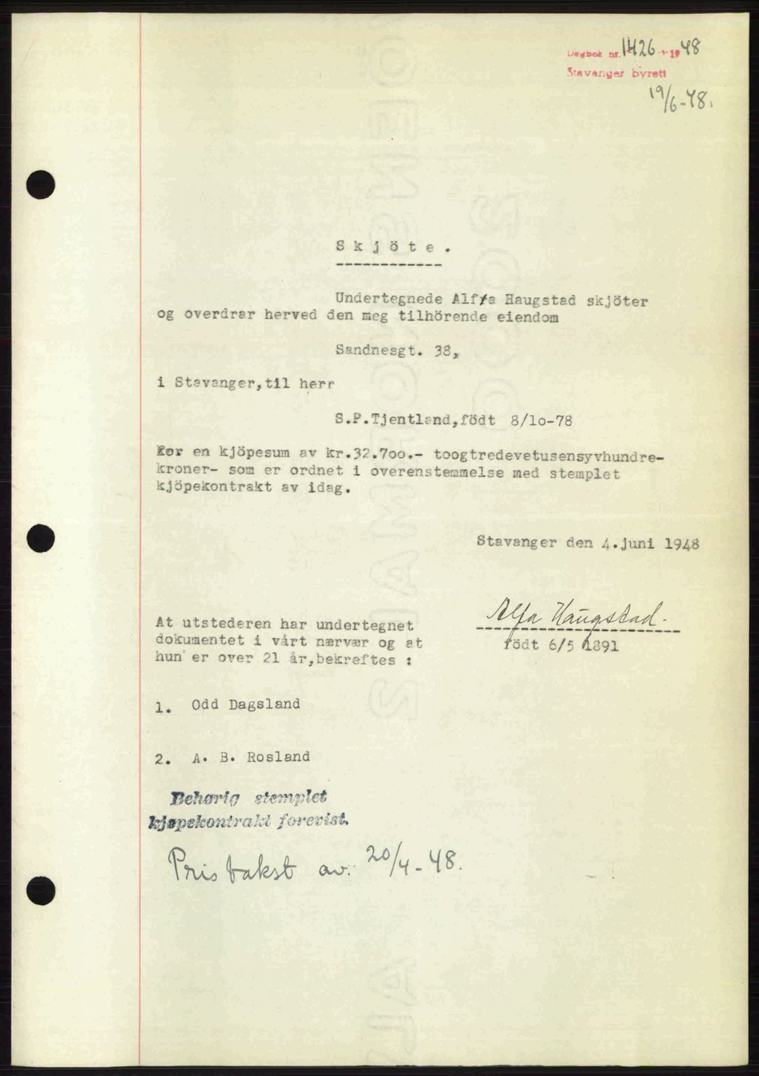 Stavanger byrett, SAST/A-100455/002/G/Gb/L0022: Mortgage book no. A11, 1947-1948, Diary no: : 1426/1948