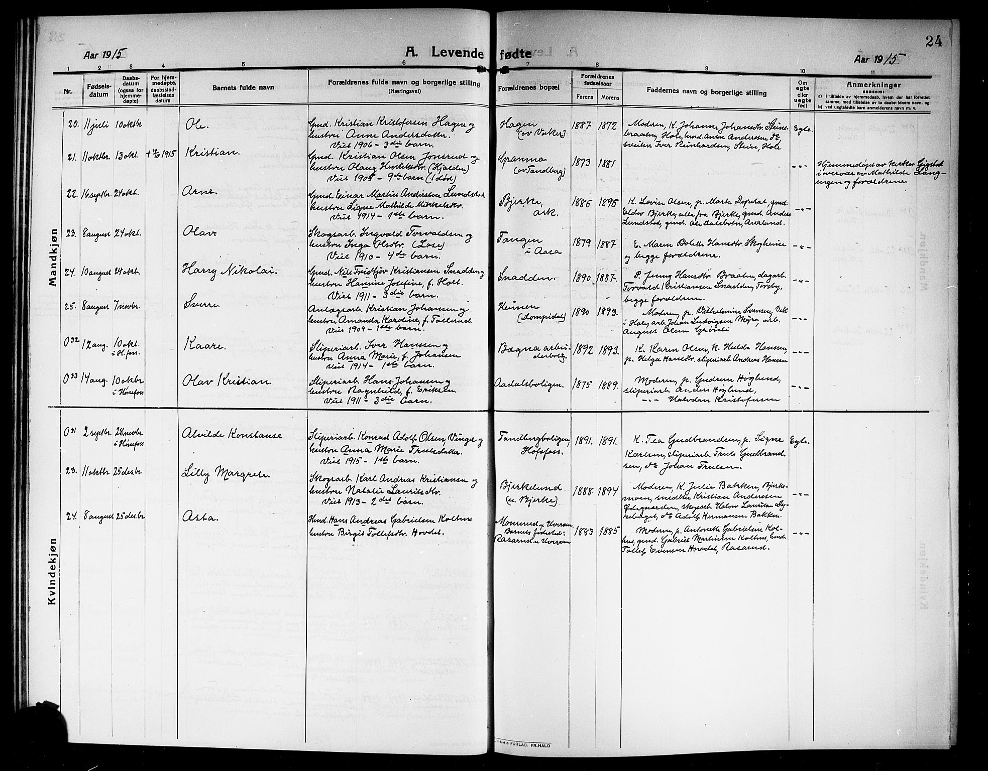 Norderhov kirkebøker, SAKO/A-237/G/Ga/L0009: Parish register (copy) no. I 9, 1913-1920, p. 24