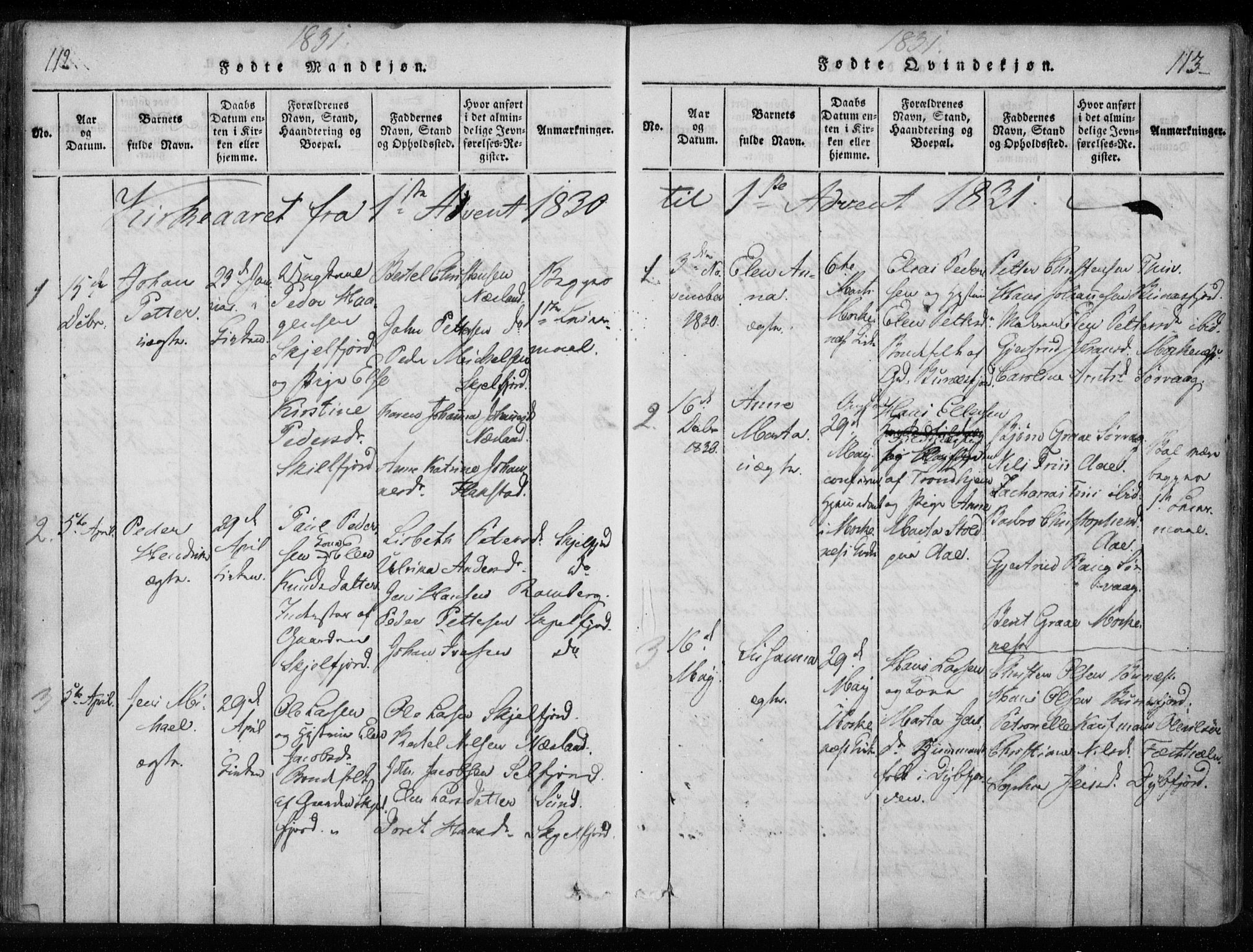 Ministerialprotokoller, klokkerbøker og fødselsregistre - Nordland, AV/SAT-A-1459/885/L1201: Parish register (official) no. 885A02, 1820-1837, p. 112-113