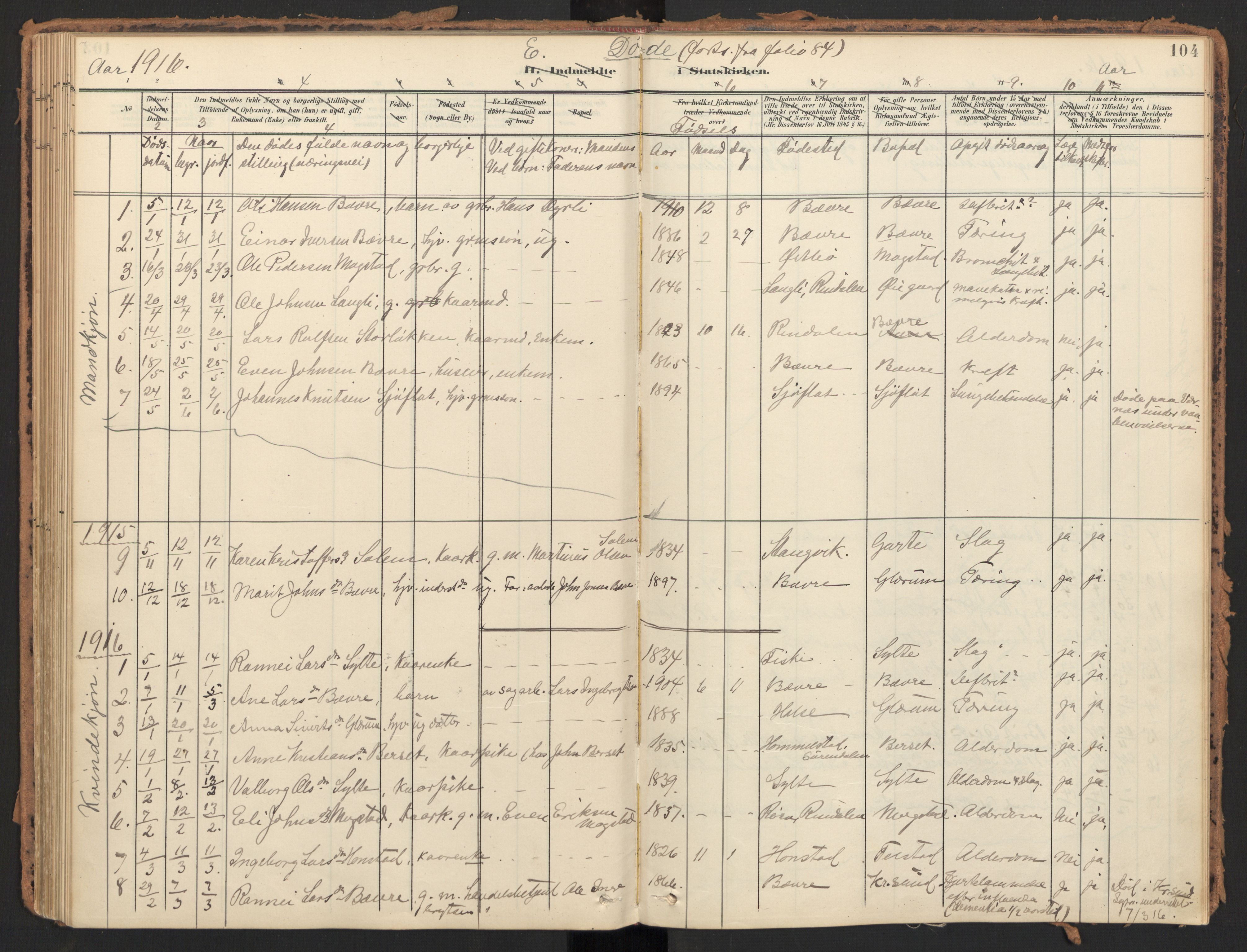 Ministerialprotokoller, klokkerbøker og fødselsregistre - Møre og Romsdal, AV/SAT-A-1454/595/L1048: Parish register (official) no. 595A10, 1900-1917, p. 104