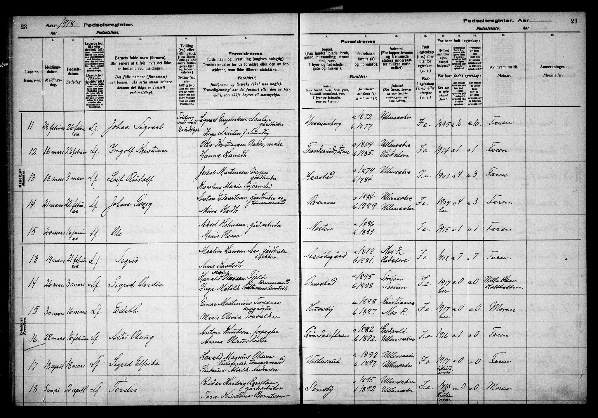 Ullensaker prestekontor Kirkebøker, AV/SAO-A-10236a/J/Ja/L0001: Birth register no. I 1, 1916-1938, p. 23