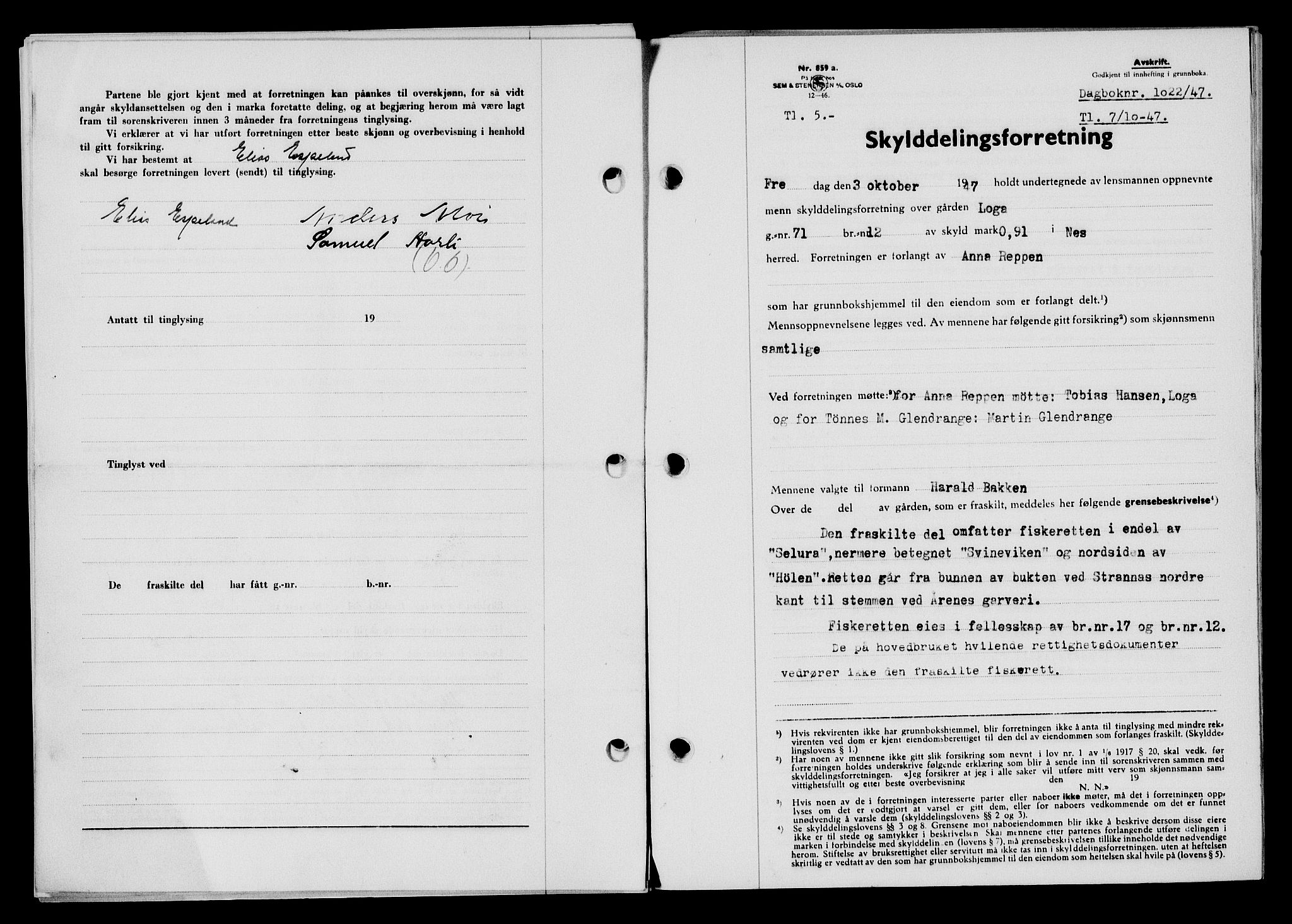 Flekkefjord sorenskriveri, SAK/1221-0001/G/Gb/Gba/L0062: Mortgage book no. A-10, 1947-1947, Diary no: : 1022/1947