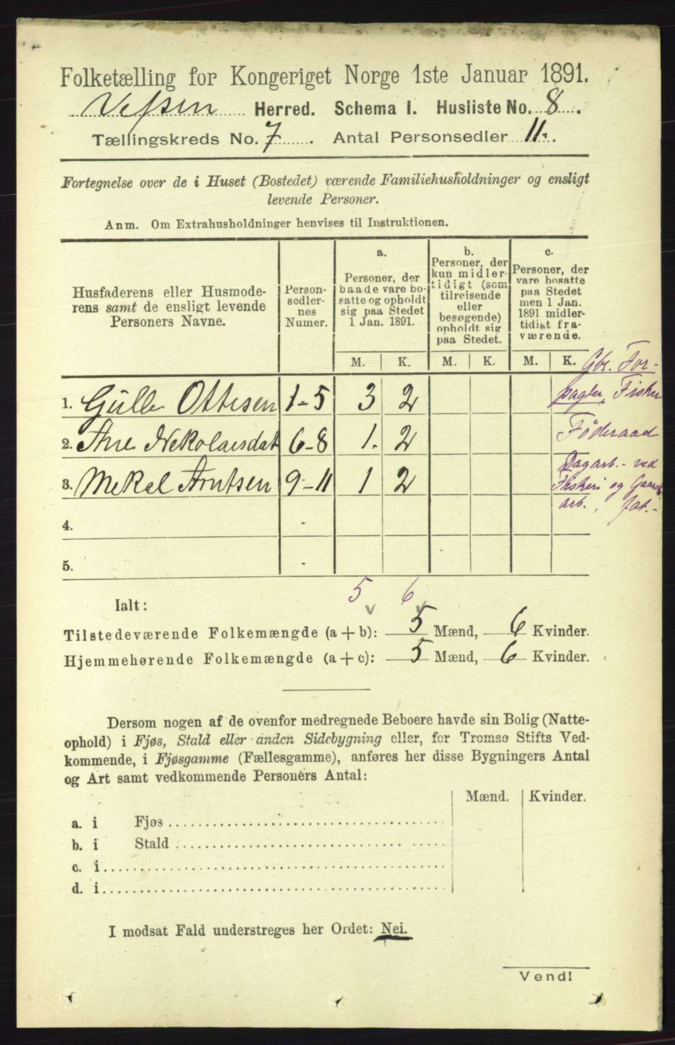 RA, 1891 census for 1824 Vefsn, 1891, p. 3580