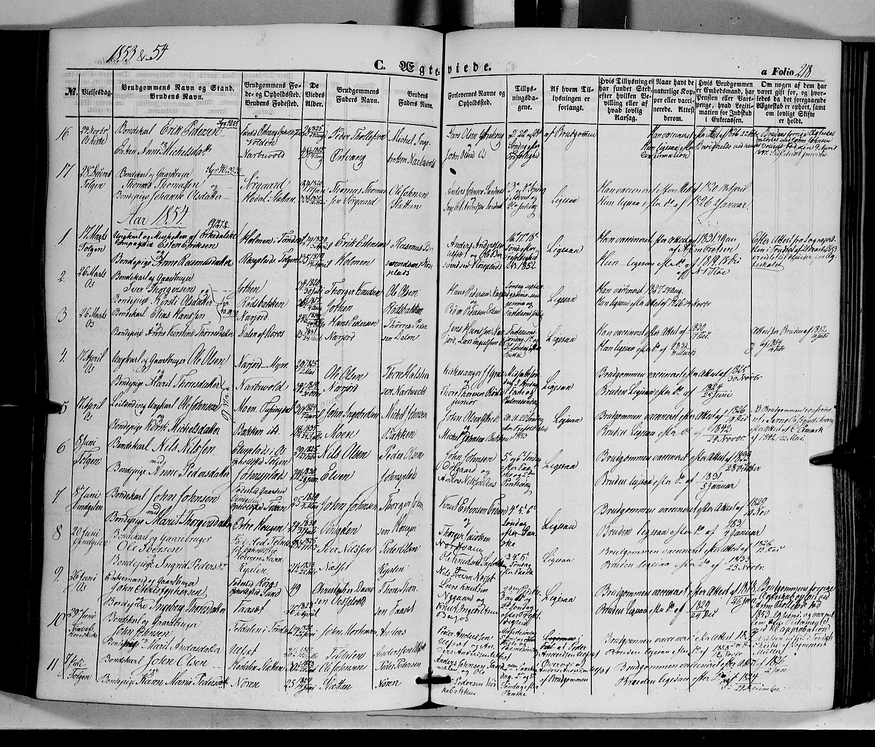 Tolga prestekontor, SAH/PREST-062/K/L0006: Parish register (official) no. 6, 1852-1876, p. 218