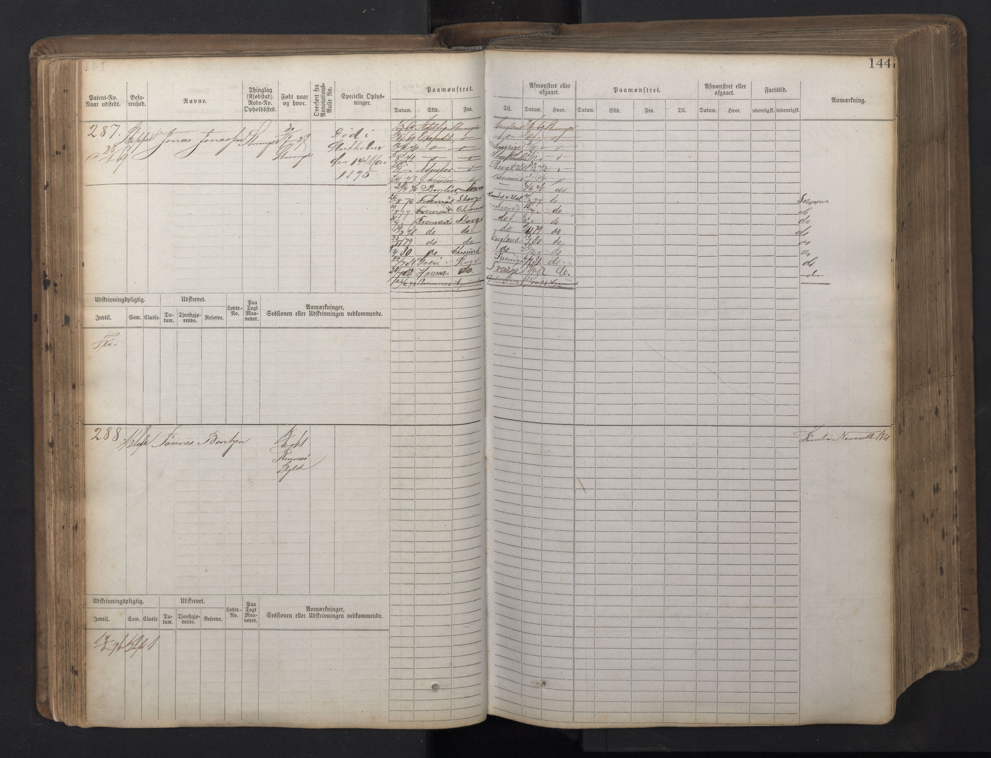 Stavanger sjømannskontor, AV/SAST-A-102006/F/Fb/Fbb/L0016: Sjøfartshovedrulle patnentnr. 1-1202 (dublett), 1869, p. 144