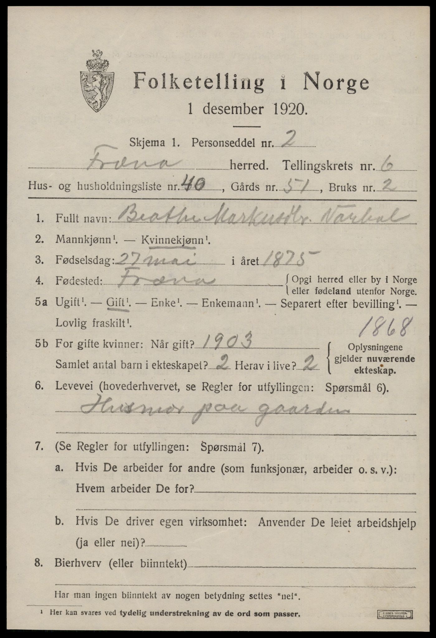 SAT, 1920 census for Fræna, 1920, p. 4519